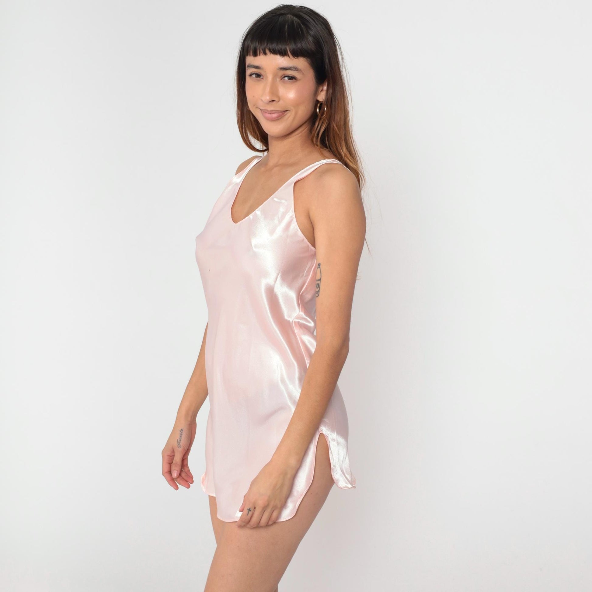 90s Pink Satin Slip Dress Low Back Tank Strap Mini Nightgown Small S