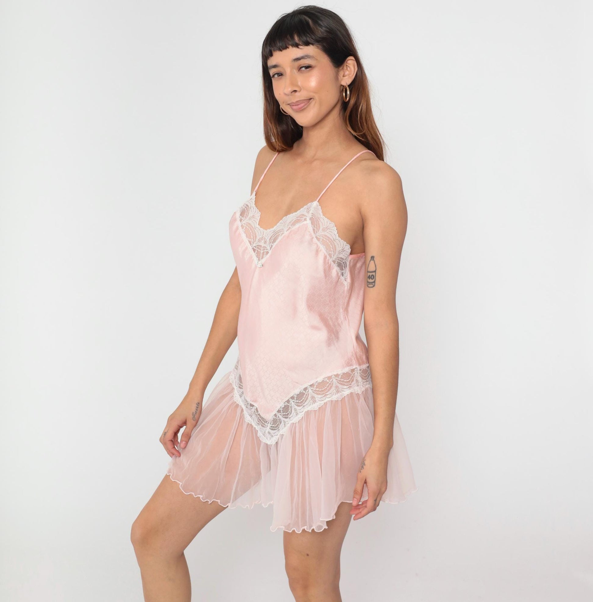 80s Jaclyn Smith Pink Jacquard Babydoll Slip Dress Lace Trim Mini Medium M
