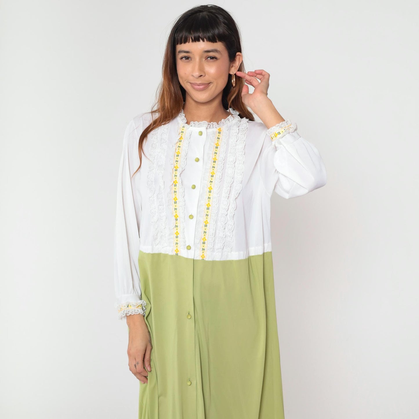 70s Gilead Two-Piece Maxi Nightgown Robe Set White Green Nylon Medium