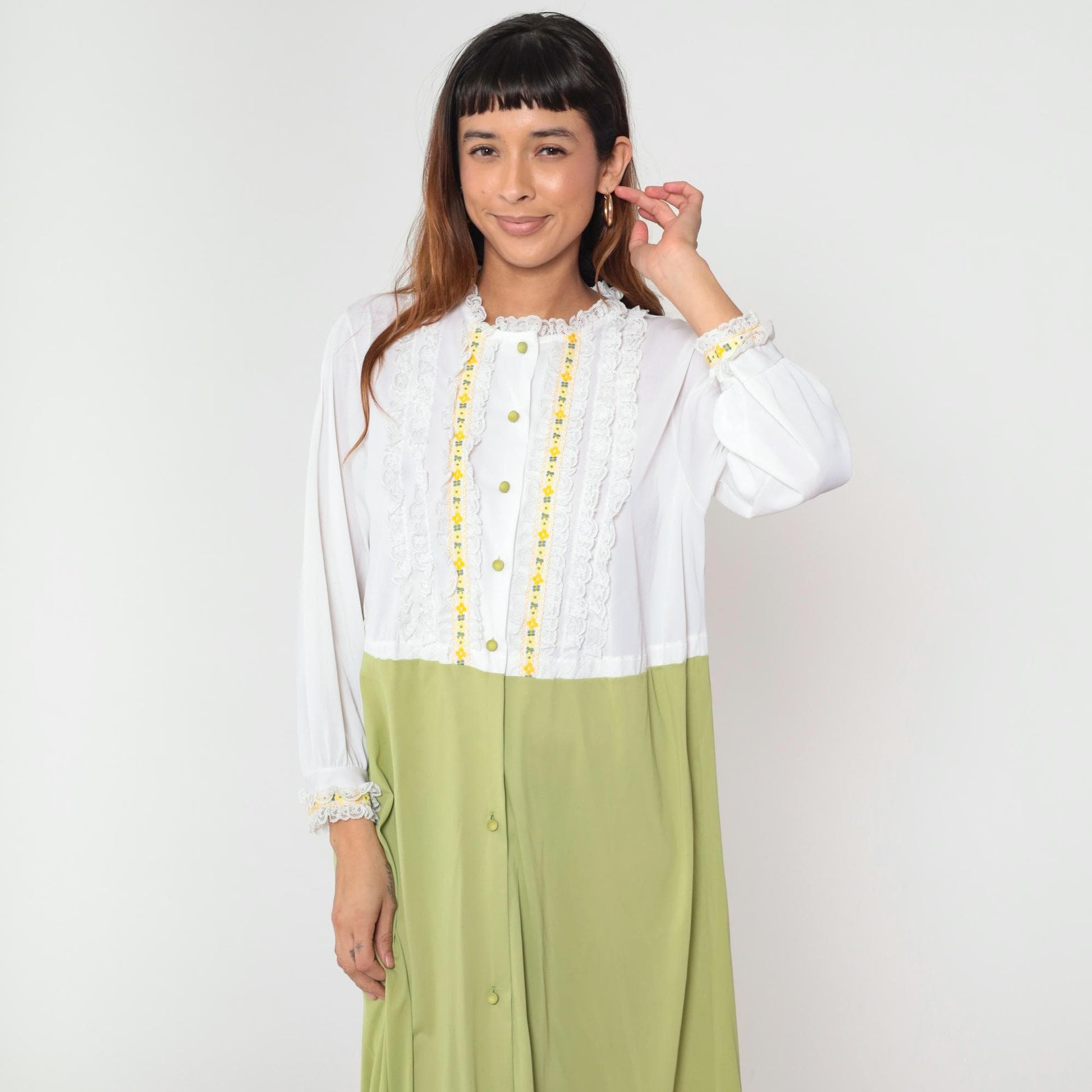 70s Gilead Two-Piece Maxi Nightgown Robe Set White Green Nylon Medium
