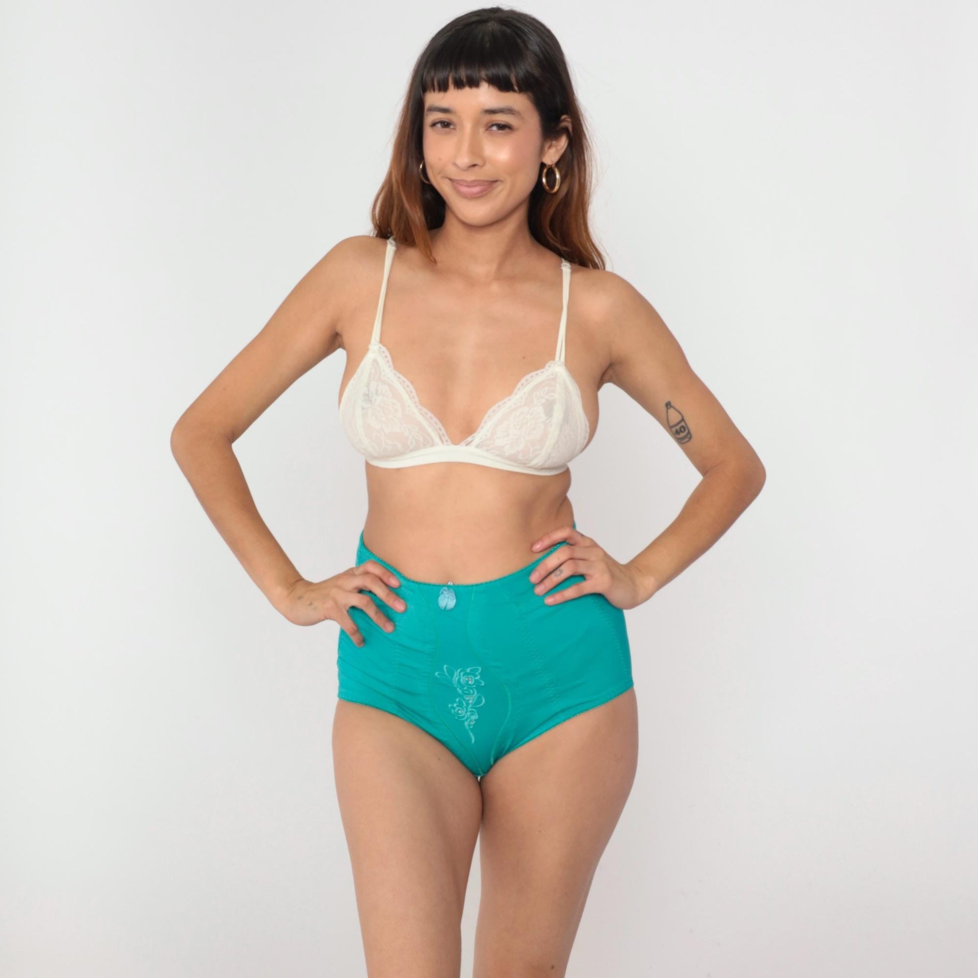 Y2K High-Waisted Teal Green Embroidered Rhinestone Briefs Shapewear Extra Large XXL