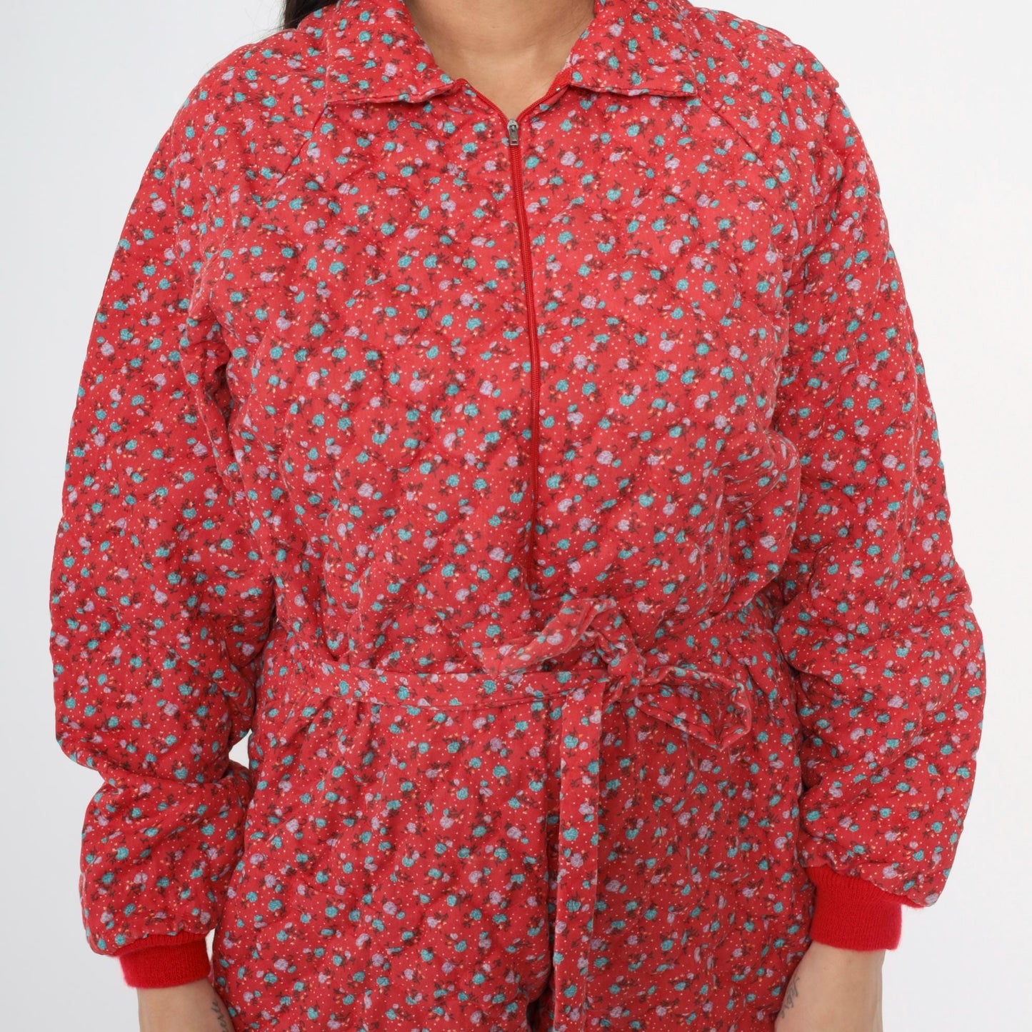 80s G. Caserotti Quilted Floral Jumpsuit Red Calico Raglan Pajama Medium Large