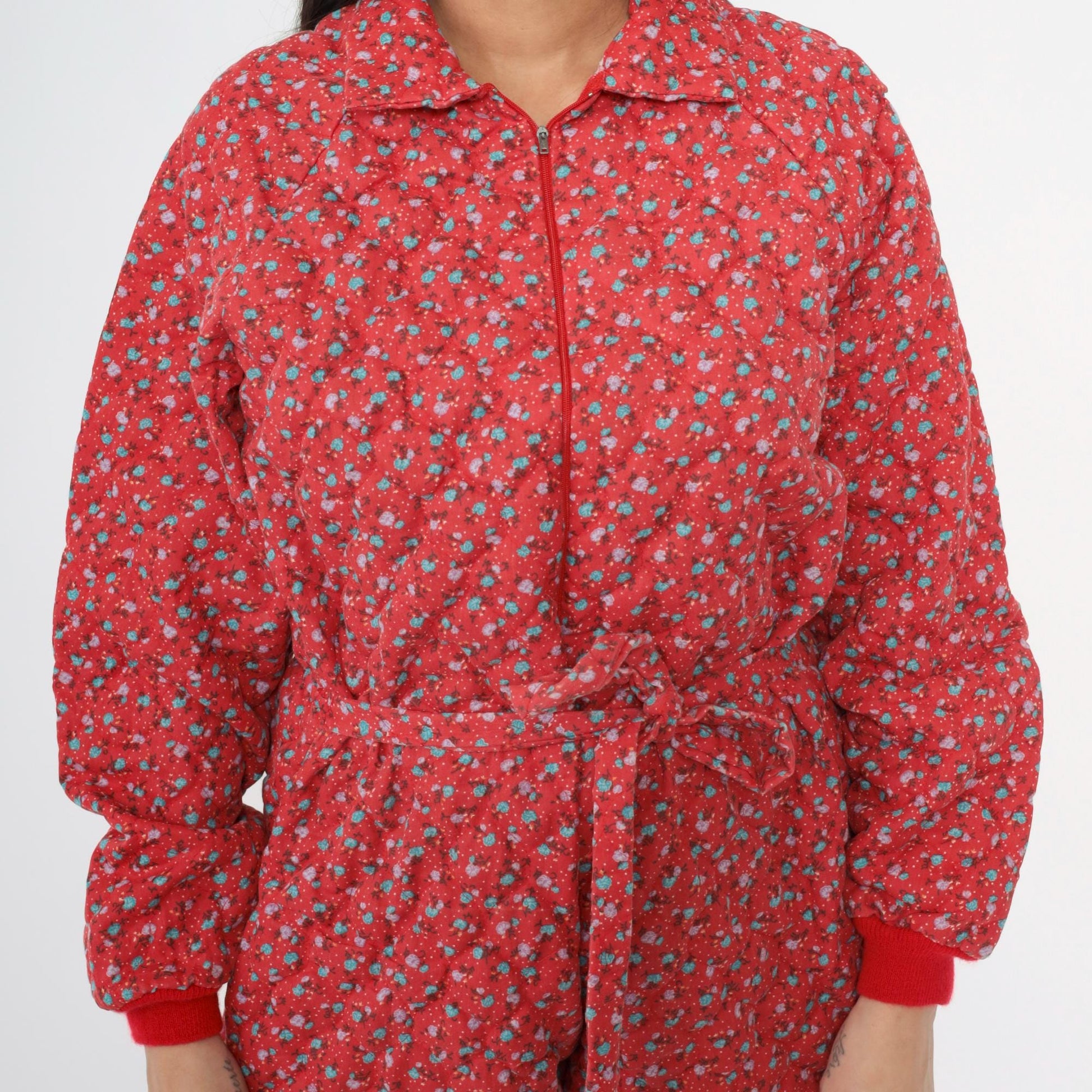 80s G. Caserotti Quilted Floral Jumpsuit Red Calico Raglan Pajama Medium Large