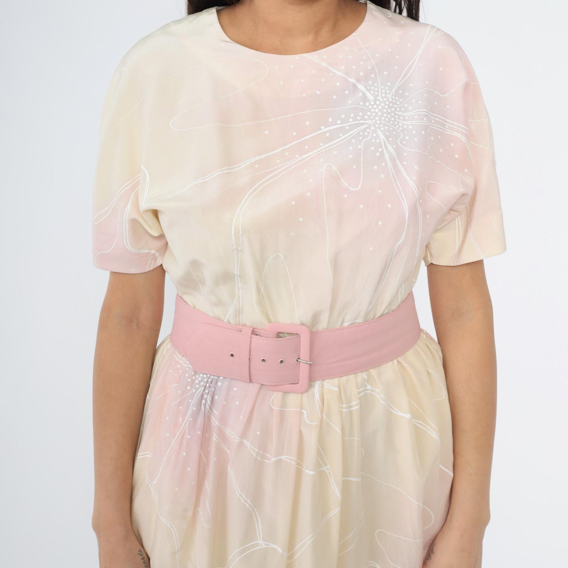 80s Pastel Floral Midi Dress Keyhole Back High Waist Belt Pink Yellow Small