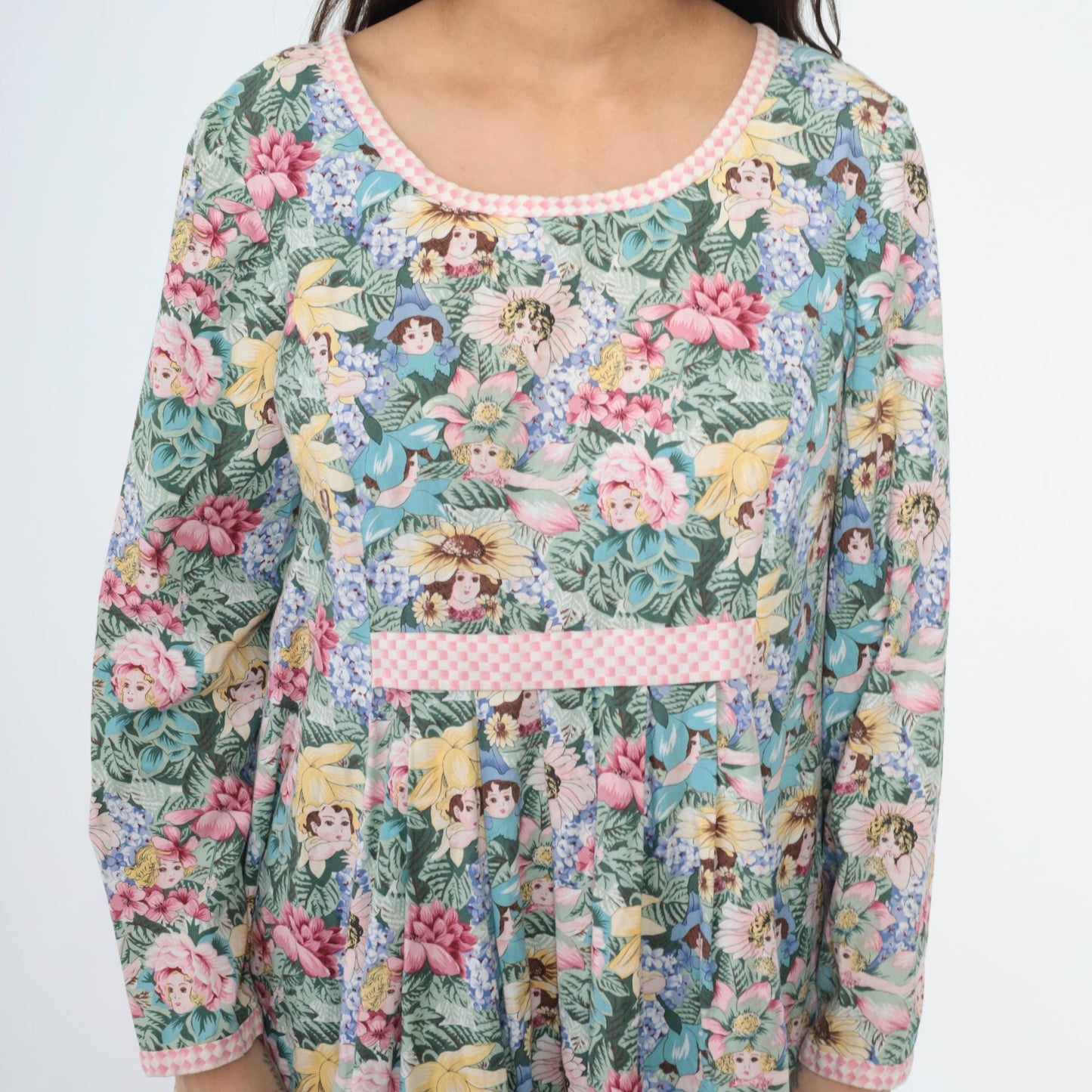 90s Floral Maxi Dress Flower Child Print Empire Waist Long Sleeve Medium Large