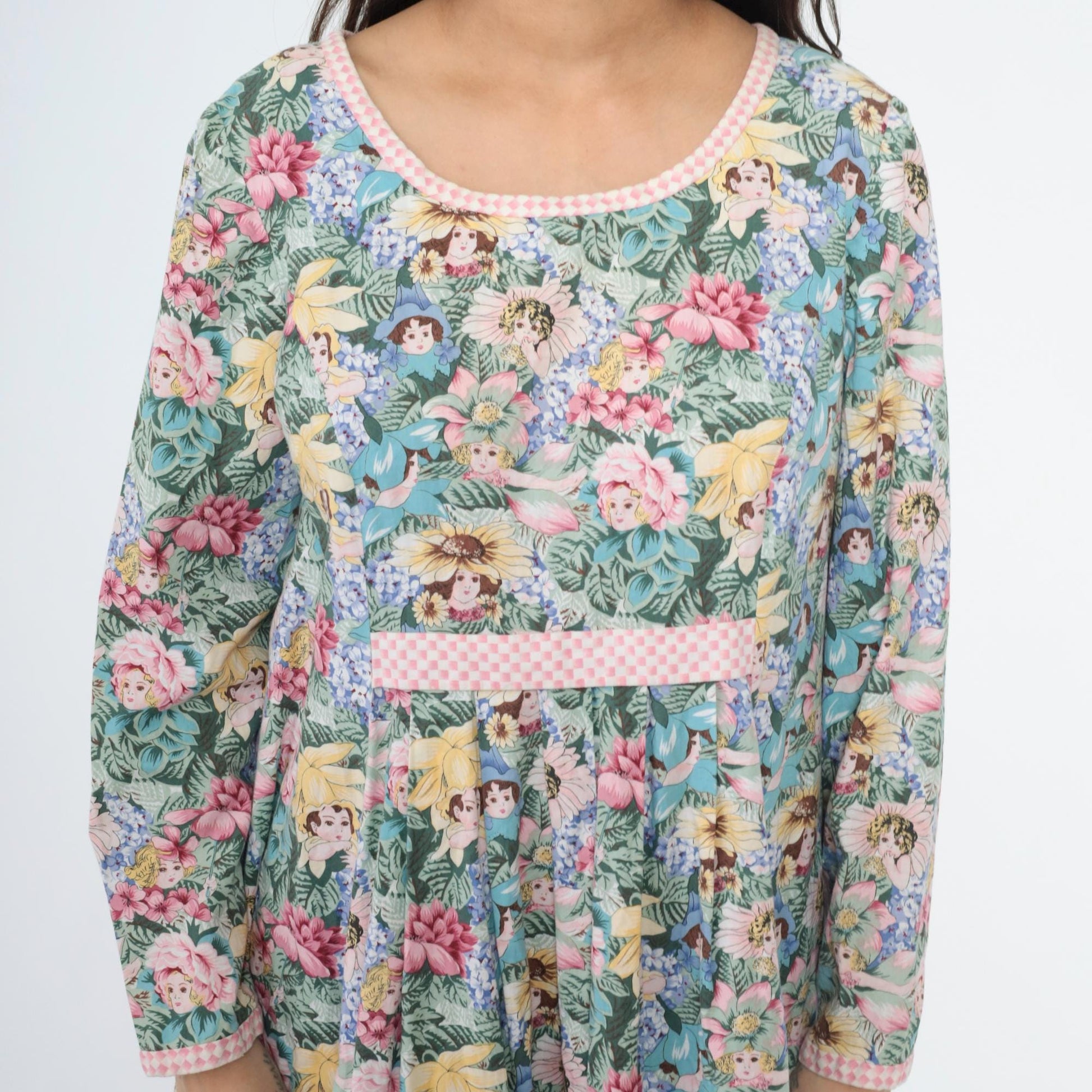 90s Floral Maxi Dress Flower Child Print Empire Waist Long Sleeve Medium Large