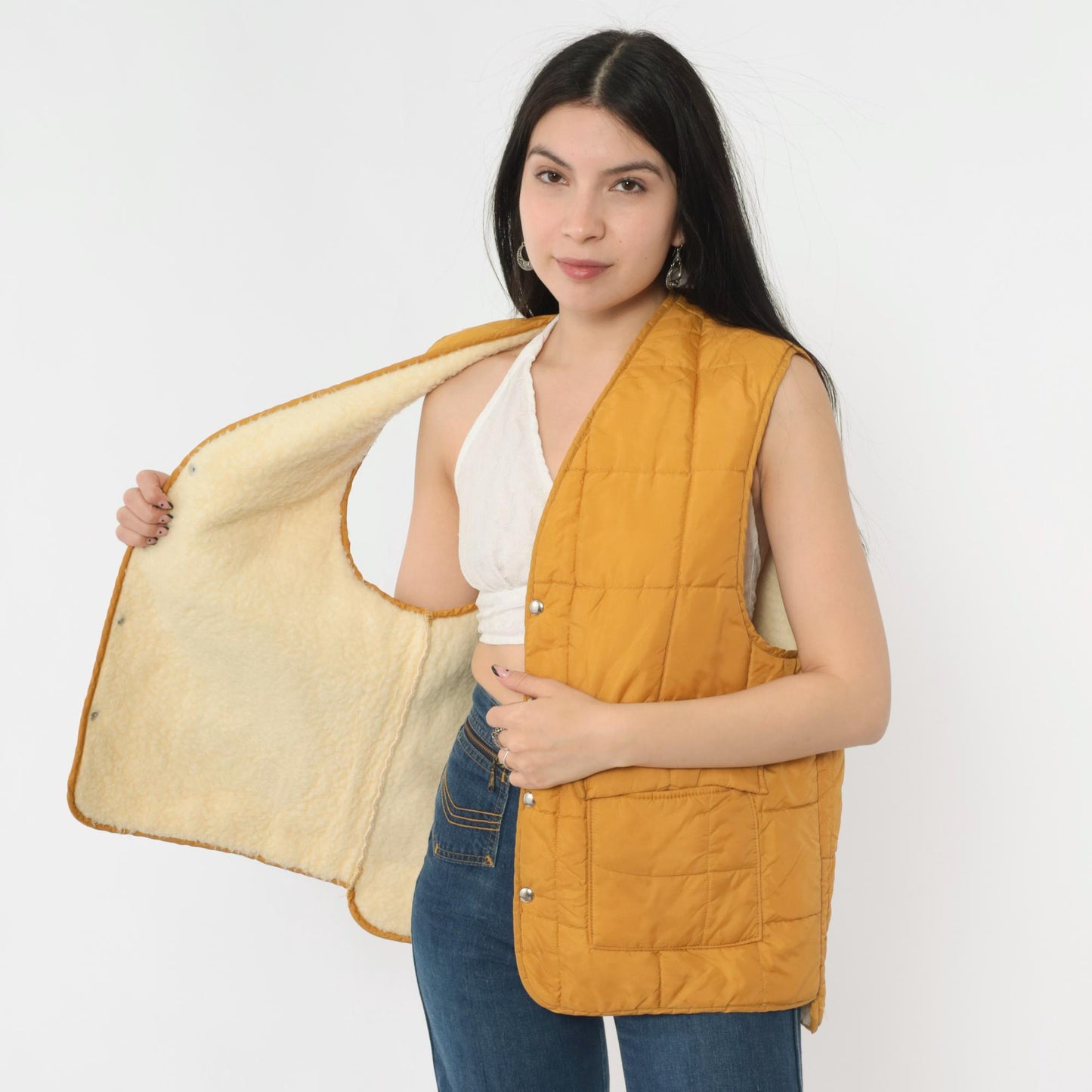 70s Western Trails Mustard Puffer Vest Quilted Faux Sherpa Lined Snap Medium