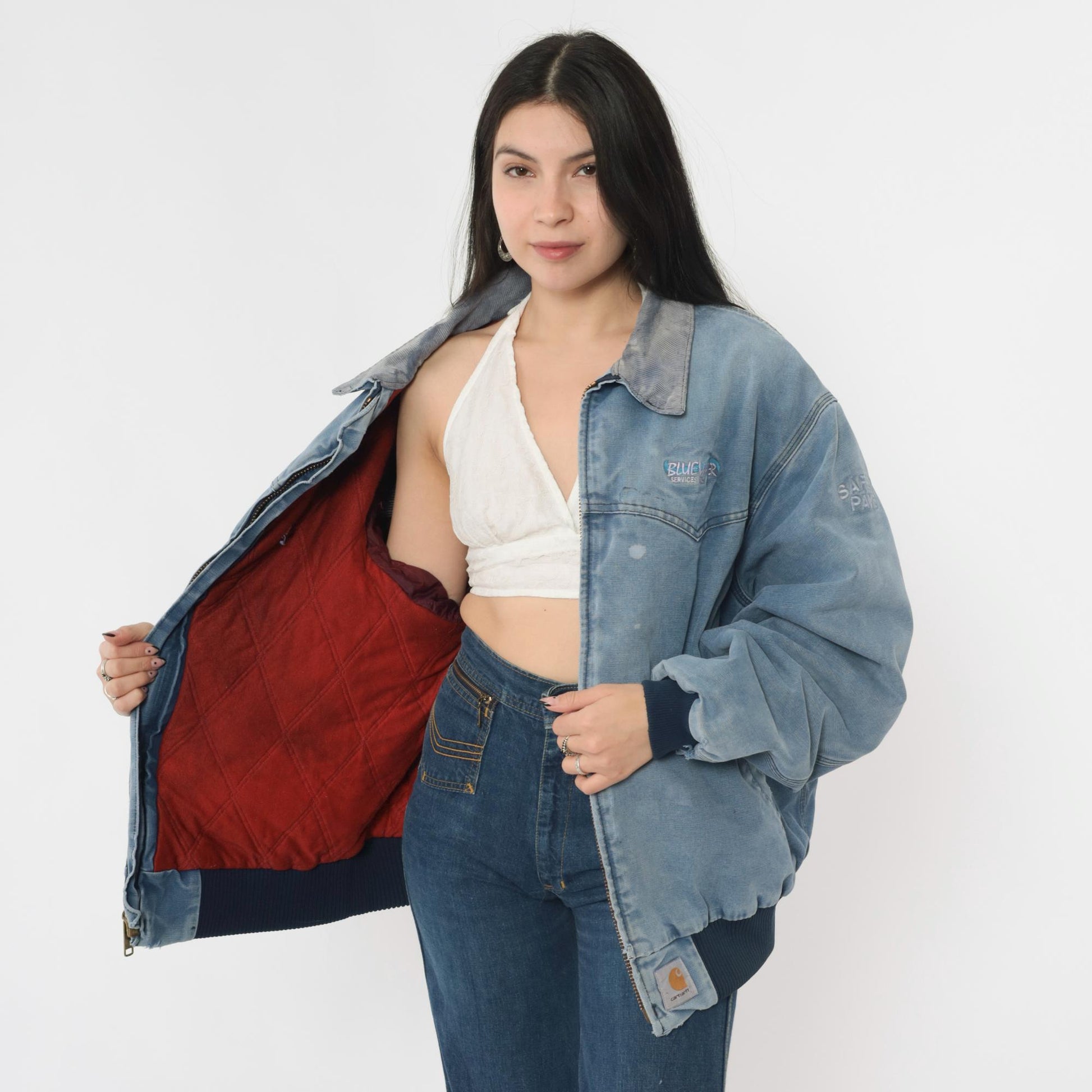 90s Carhartt Bomber Jacket Blue Duck Corduroy Collar Bluewater Services Large L