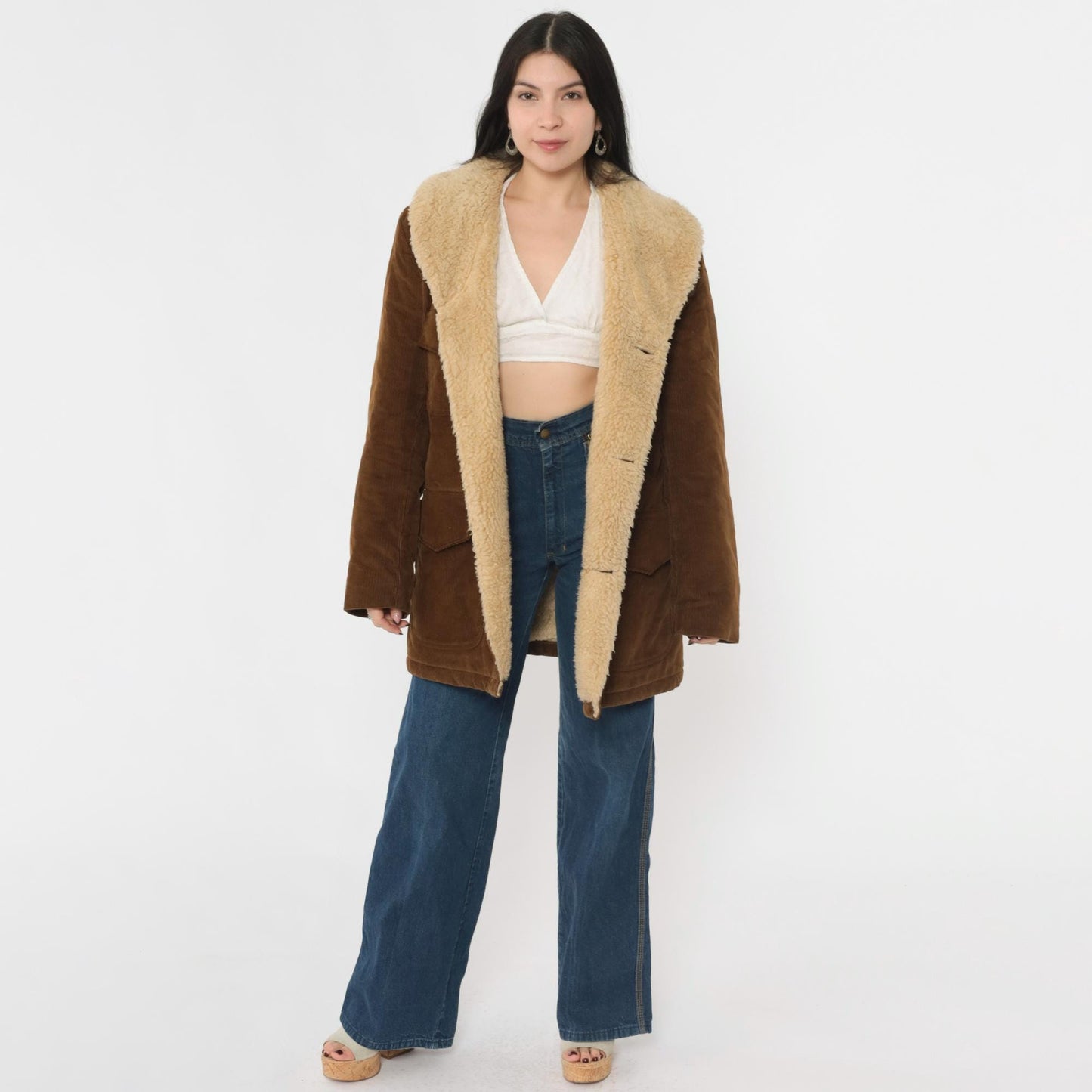 70s Brown Corduroy Sherpa Jacket Men's Collared Button-Up Medium