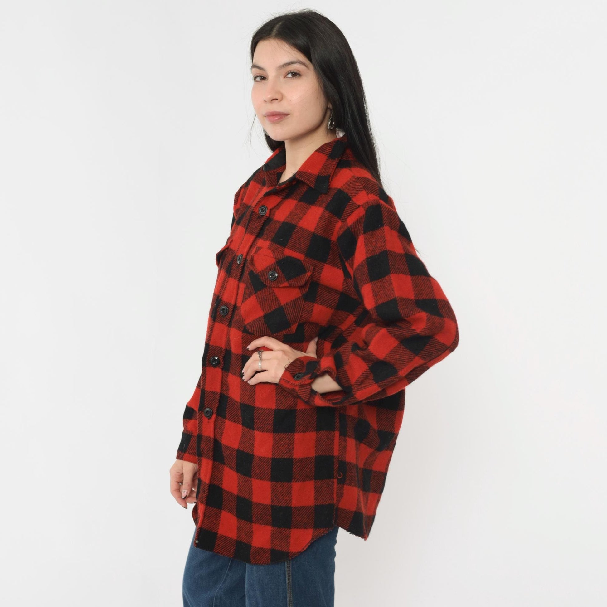 70s Frostproof Buffalo Plaid Wool Shirt Red Black CPO Button Up Medium