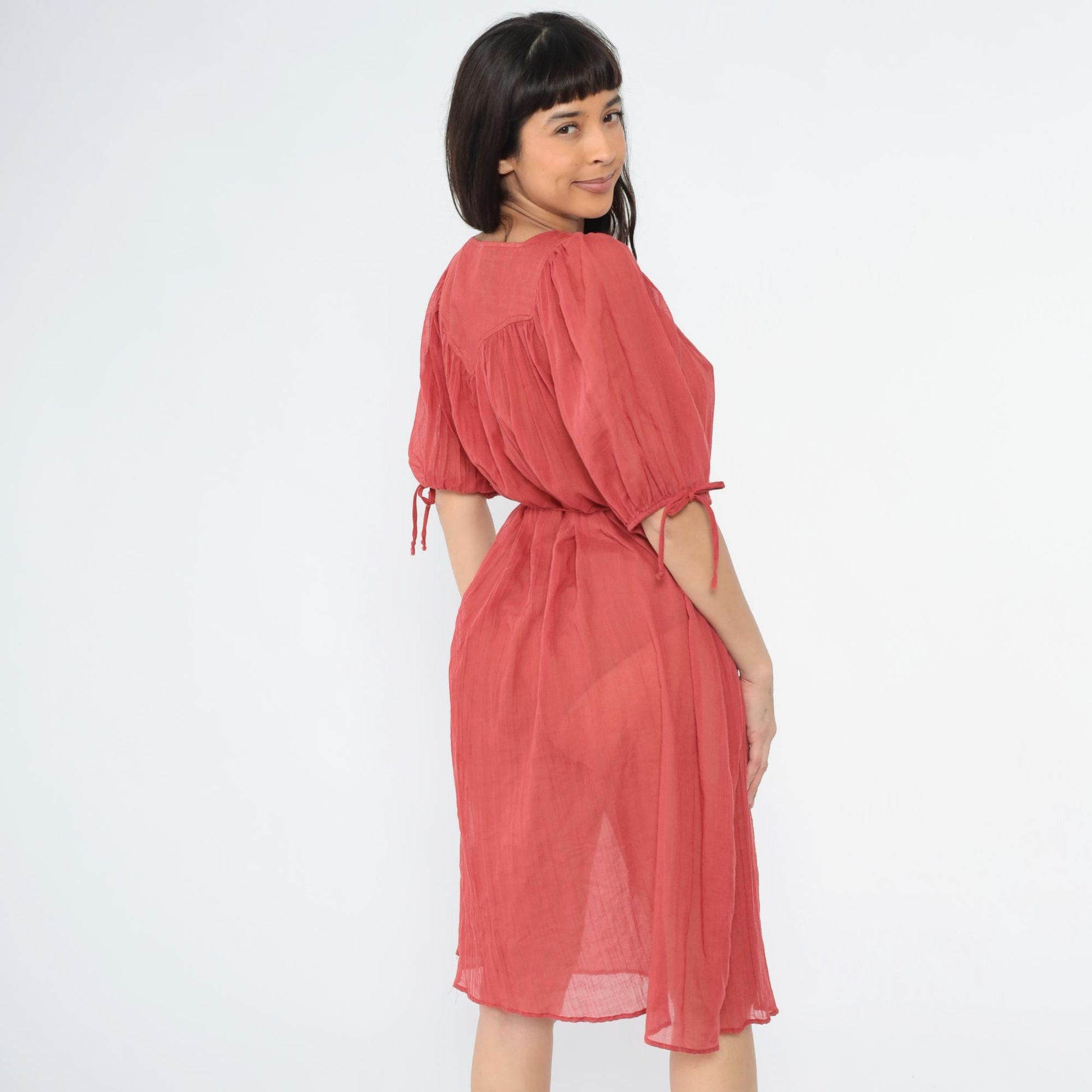 70s Red Cotton Gauze Trapeze Dress Puff Sleeve Midi Small Medium