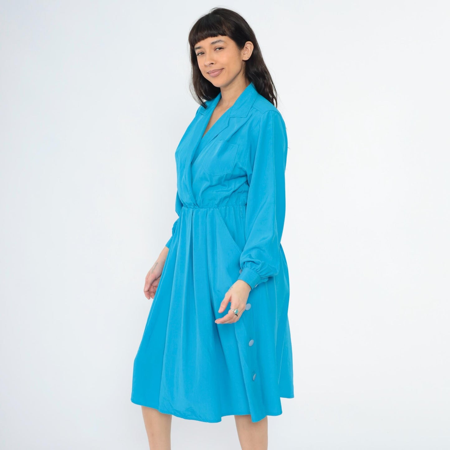 80s Leslie Fay Blue Midi Shirtdress Faux Wrap Collared Long Sleeve Medium