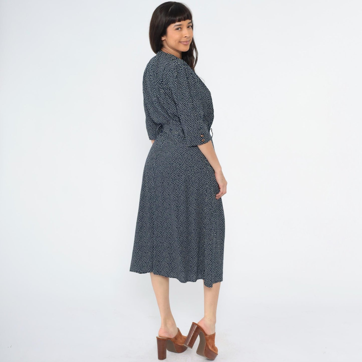 80s Navy Polka Dot Midi Dress Deep V Neck Puff Sleeve Pleated Small