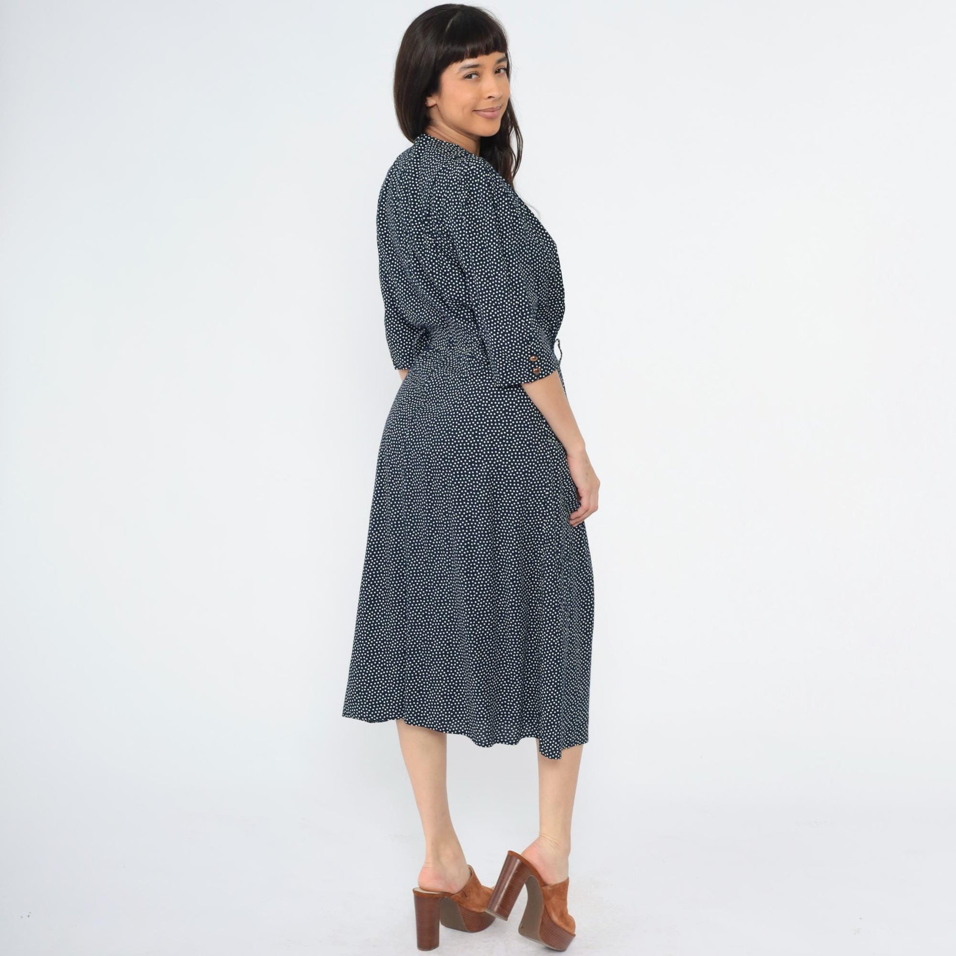80s Navy Polka Dot Midi Dress Deep V Neck Puff Sleeve Pleated Small