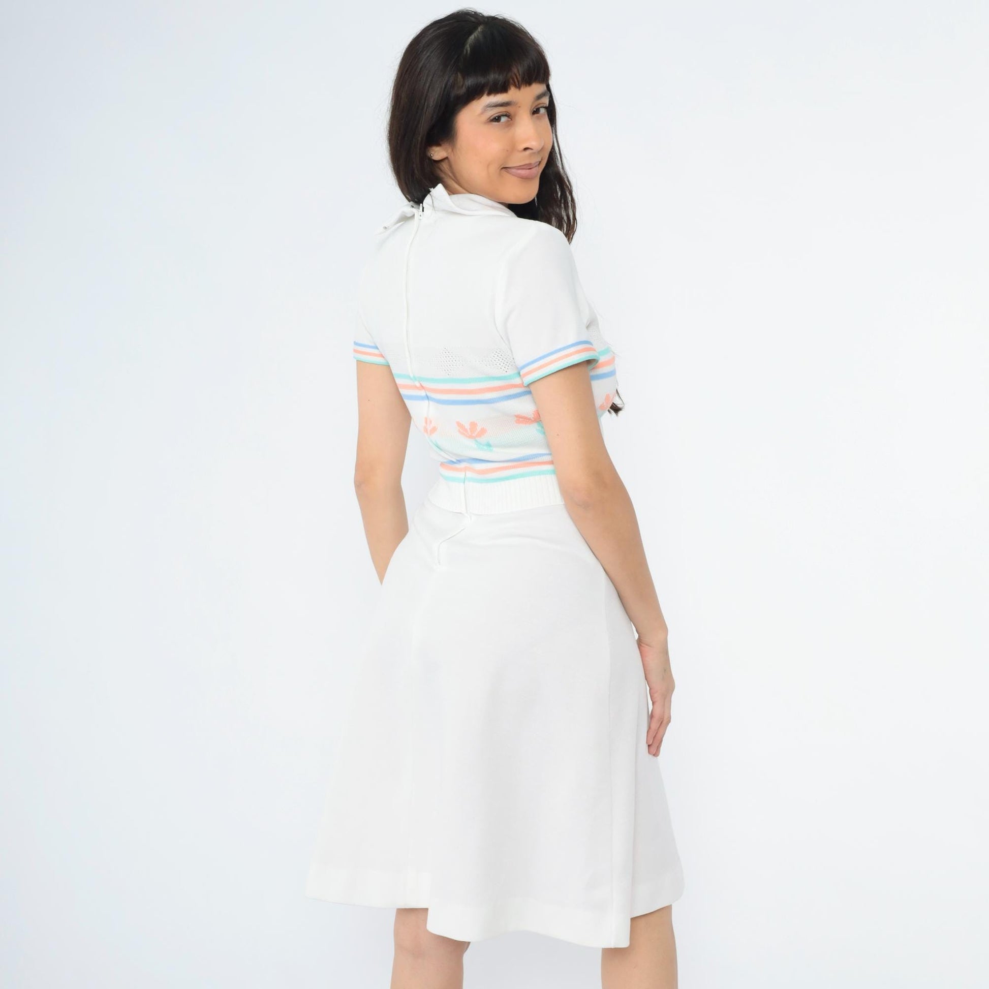 70s White Knit Dress Floral Stripe Collared V-Neck Midi Small