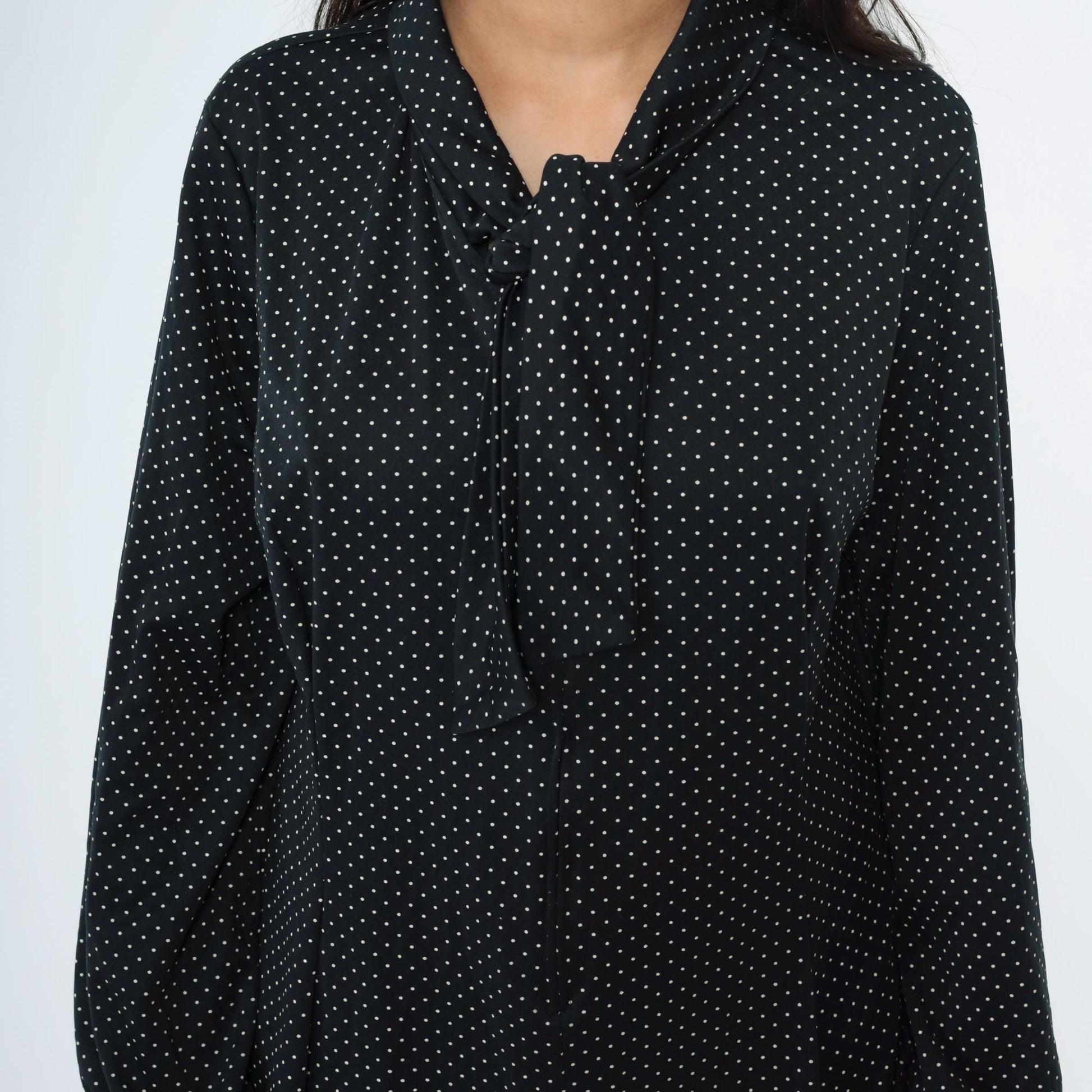 70s Black Polka Dot Ascot Midi Dress Long Sleeve Shift Plus Size XXL