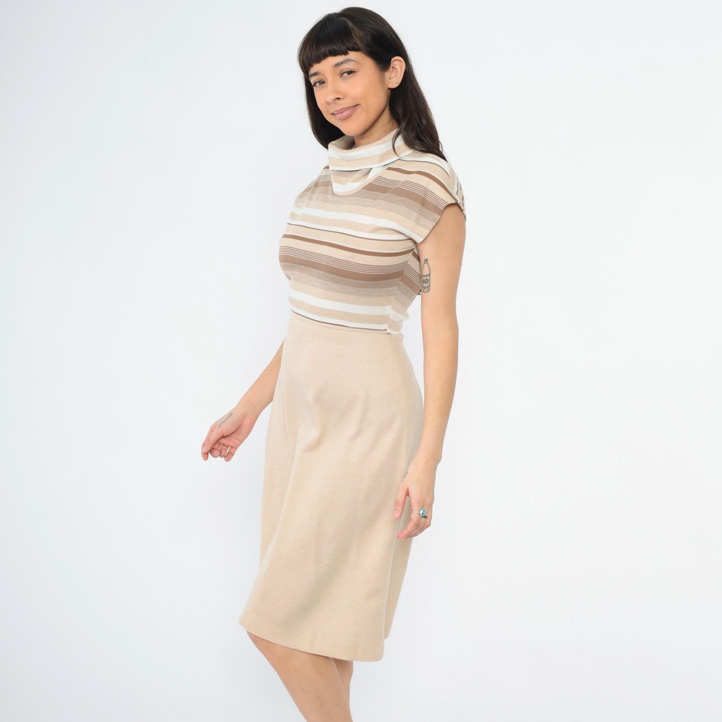 70s Tan Stripe Knit Dress Cowl Neck Cap Sleeve High Waist A-Line Small
