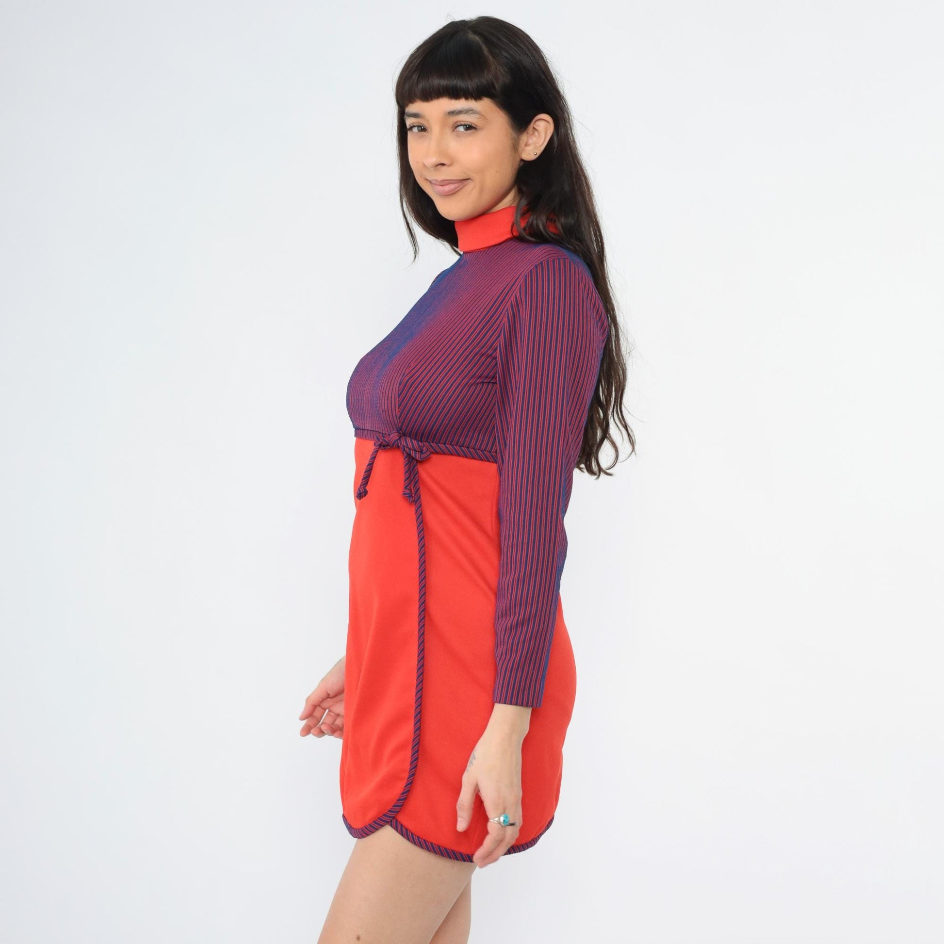 60s Mod Mini Dress Red Blue Striped Empire Waist Mock Neck Small