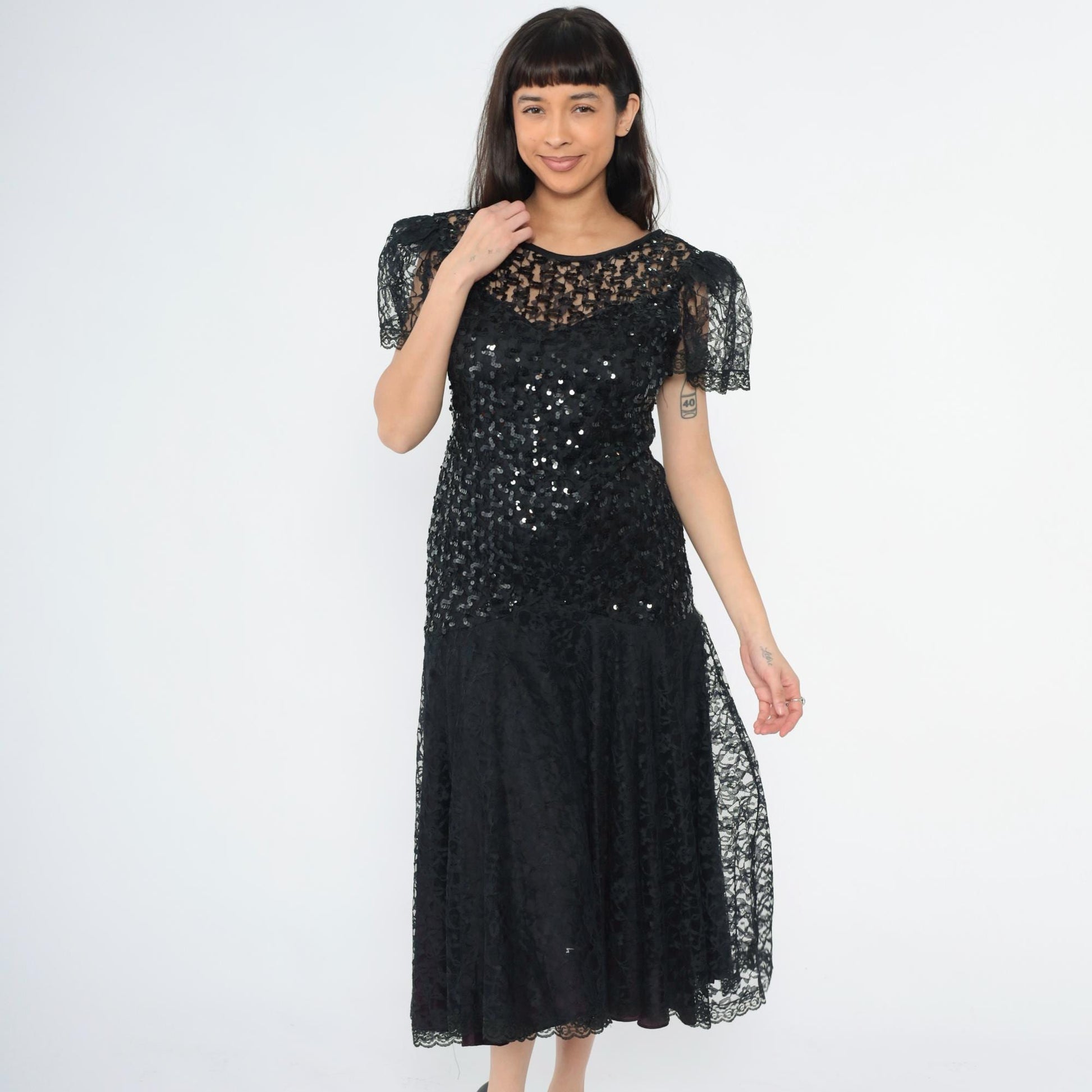 80s Night Moves Black Sequin Lace Midi Dress Puff Sleeve Mermaid Hem Small