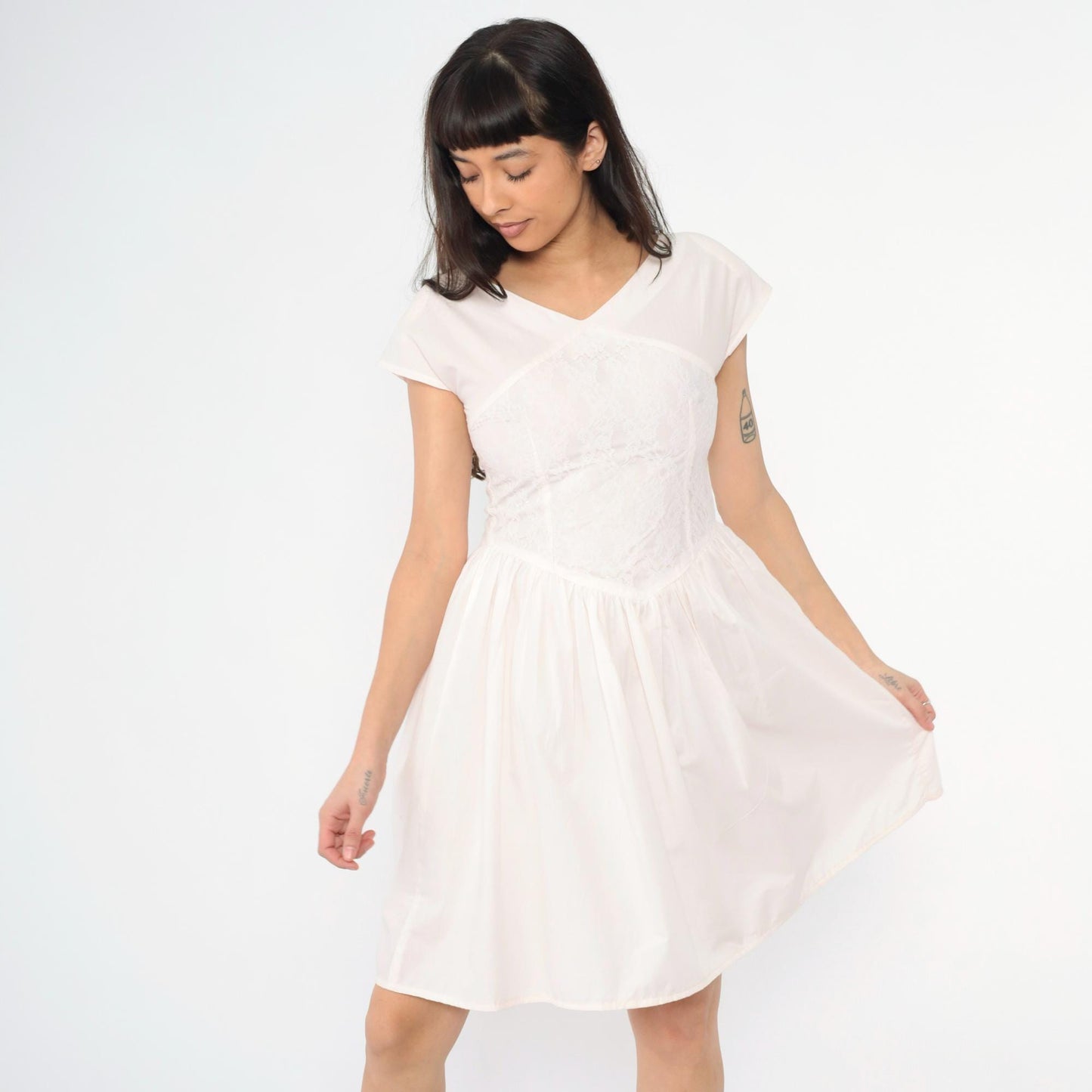 80s Pale Pink Lace Party Dress Cap Sleeve Basque Waist Mini Small S