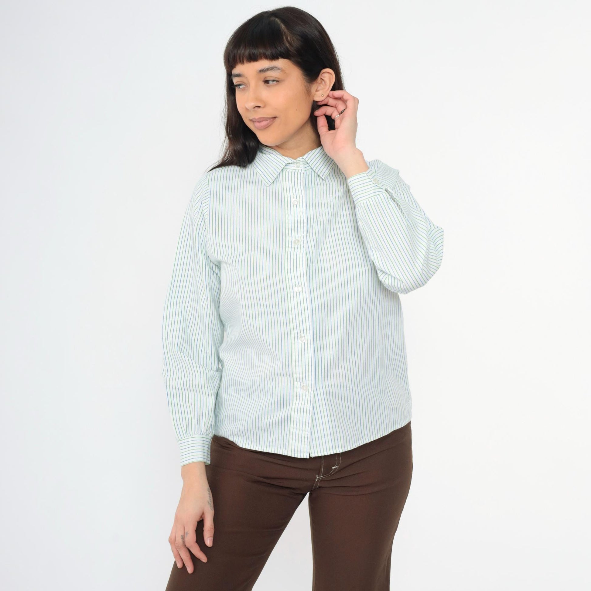 80s Girl Scouts Striped Button-Up Blouse White Blue Green Long Sleeve Small