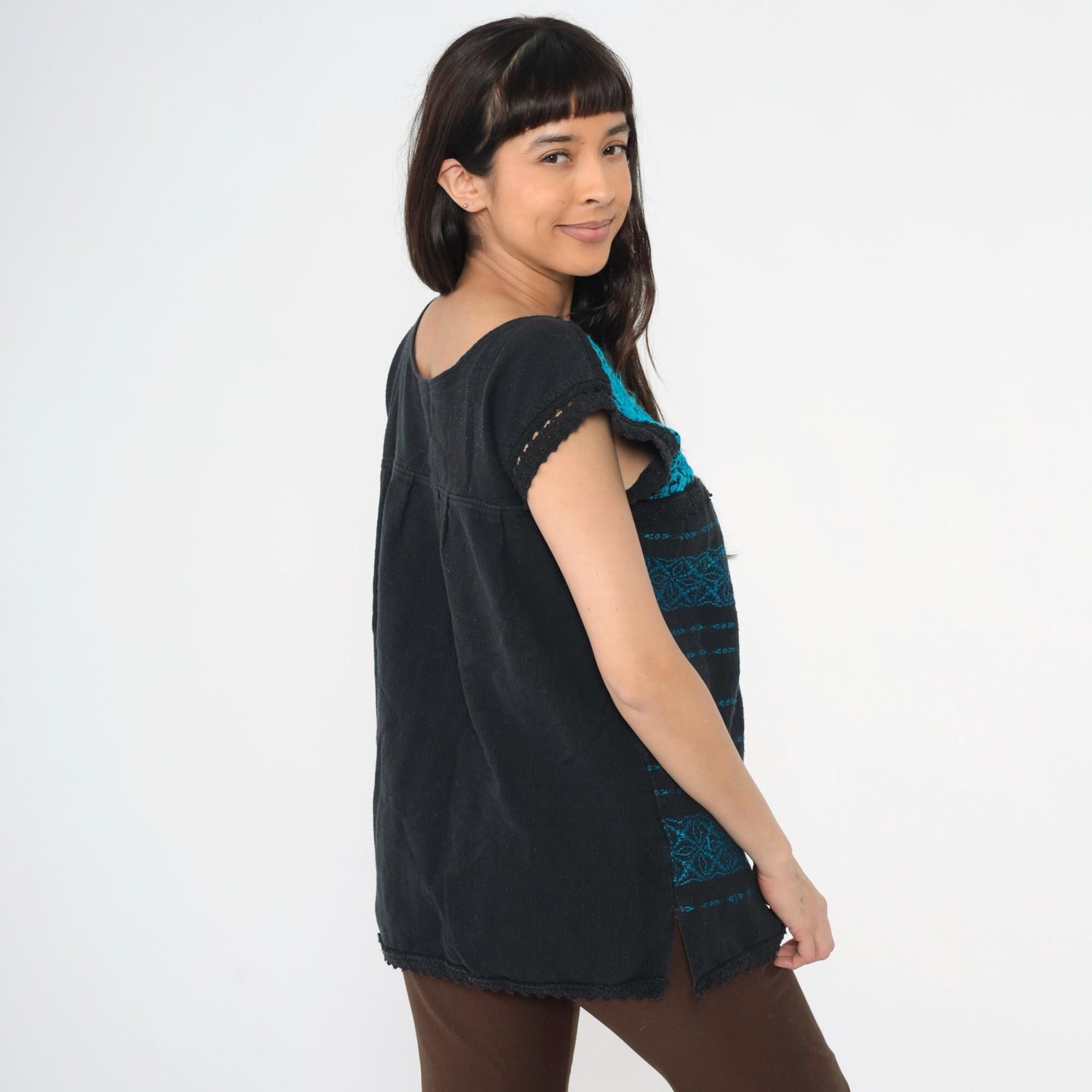 80s Mexican Embroidered Black Blouse Bird Floral Crochet Tunic Medium M