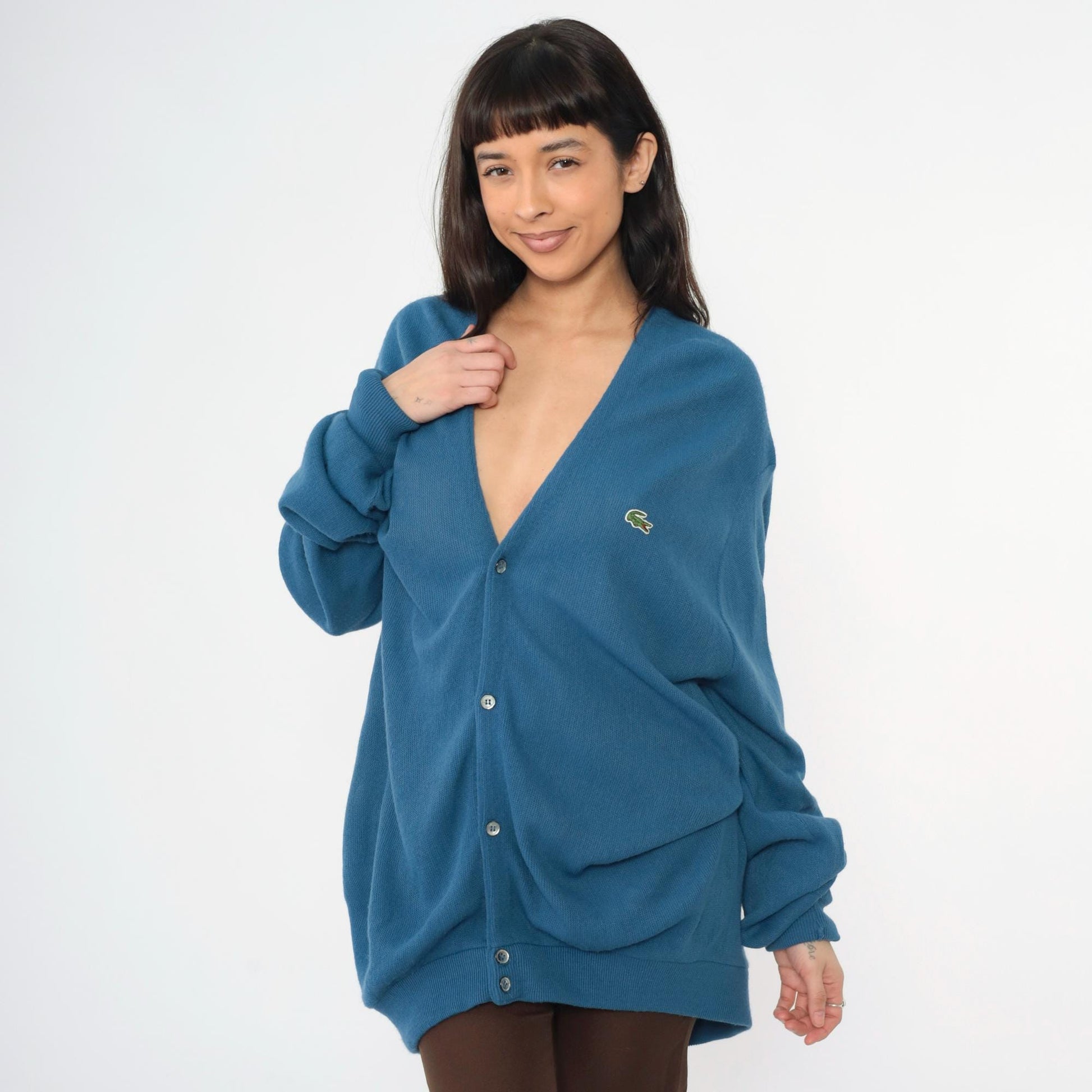 80s Izod Lacoste Blue Cardigan Sweater Crocodile Logo Knit Extra Large XL