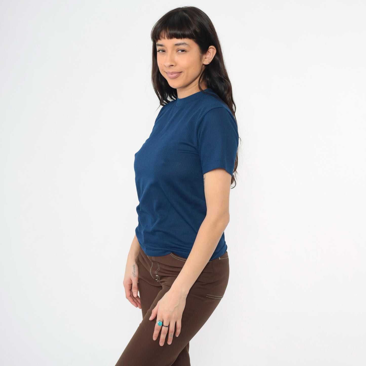 70s Navy Ribbed Knit Crewneck Short Sleeve Top Small