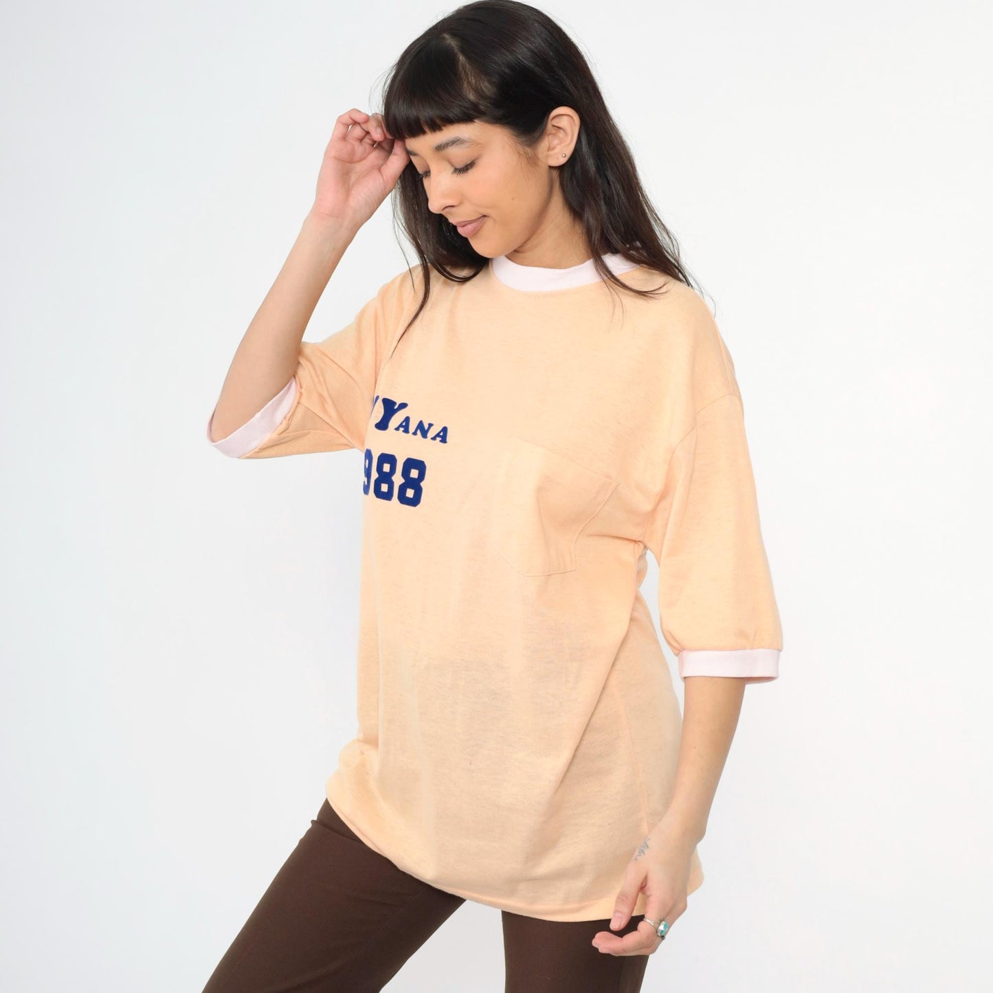 80s Guyana 1988 Peach Ringer T-Shirt Flocked Navy Graphic Tee Large
