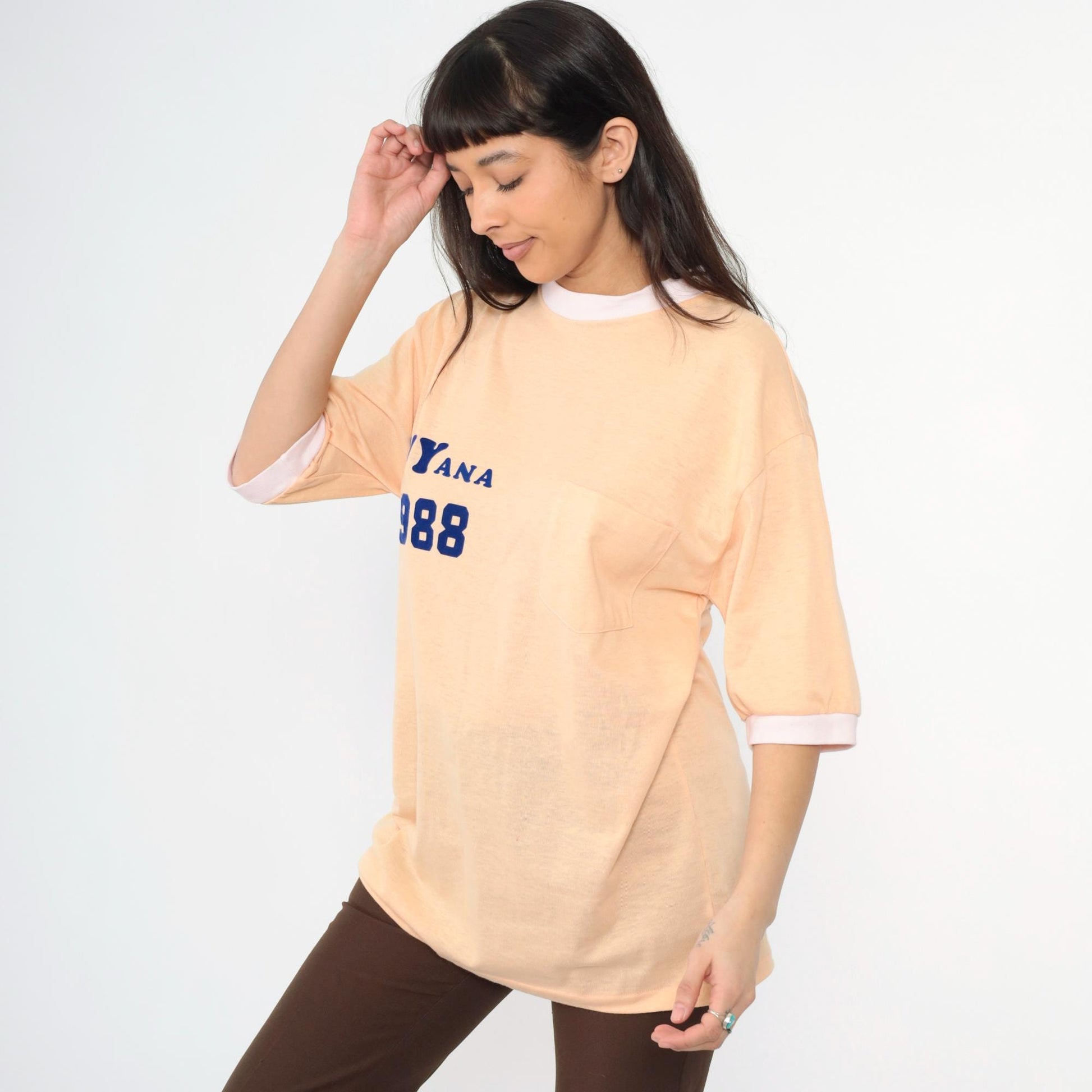 80s Guyana 1988 Peach Ringer T-Shirt Flocked Navy Graphic Tee Large