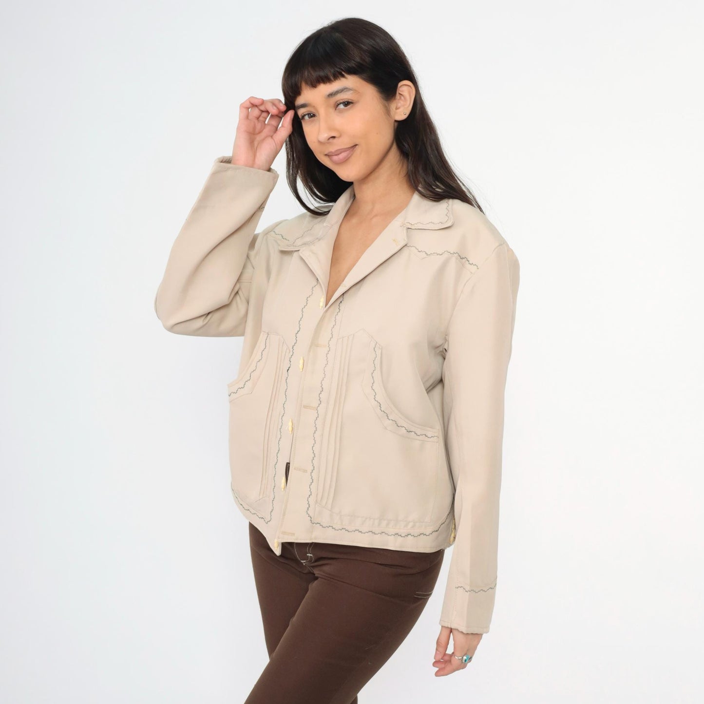 70s Western Jacket Beige Embroidered Horse Toggle Button Menswear Large