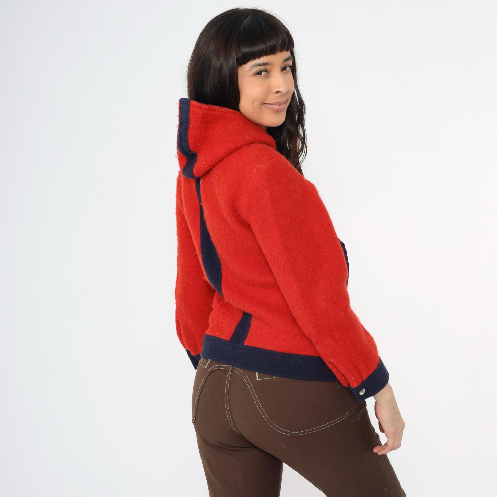 1970s Red Wool Hooded Jacket Navy Contrast Trim Snap Front Cropped Extra Small