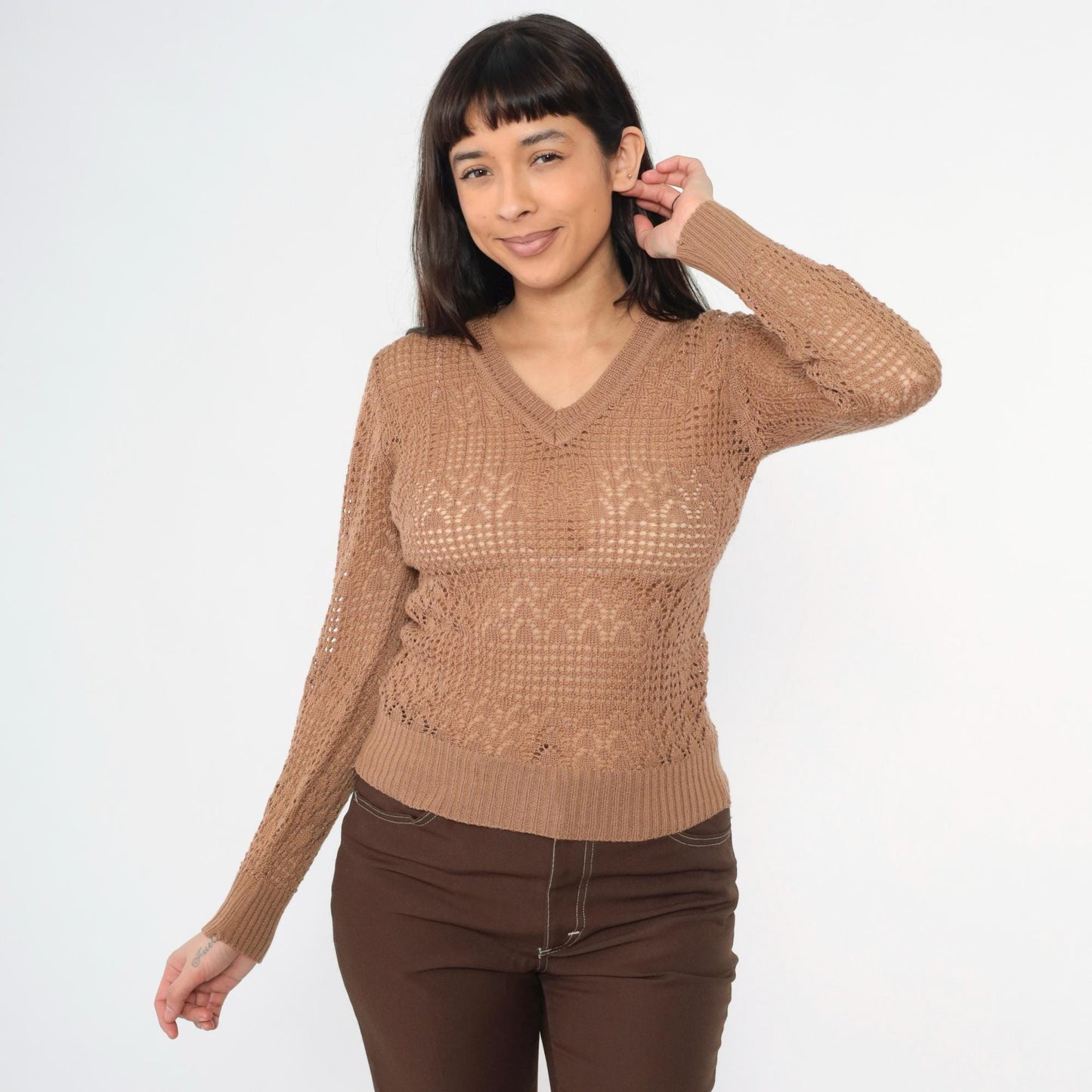 70s Empire Knitwear Sheer Brown Pointelle V-Neck Sweater Long Sleeve Extra Small