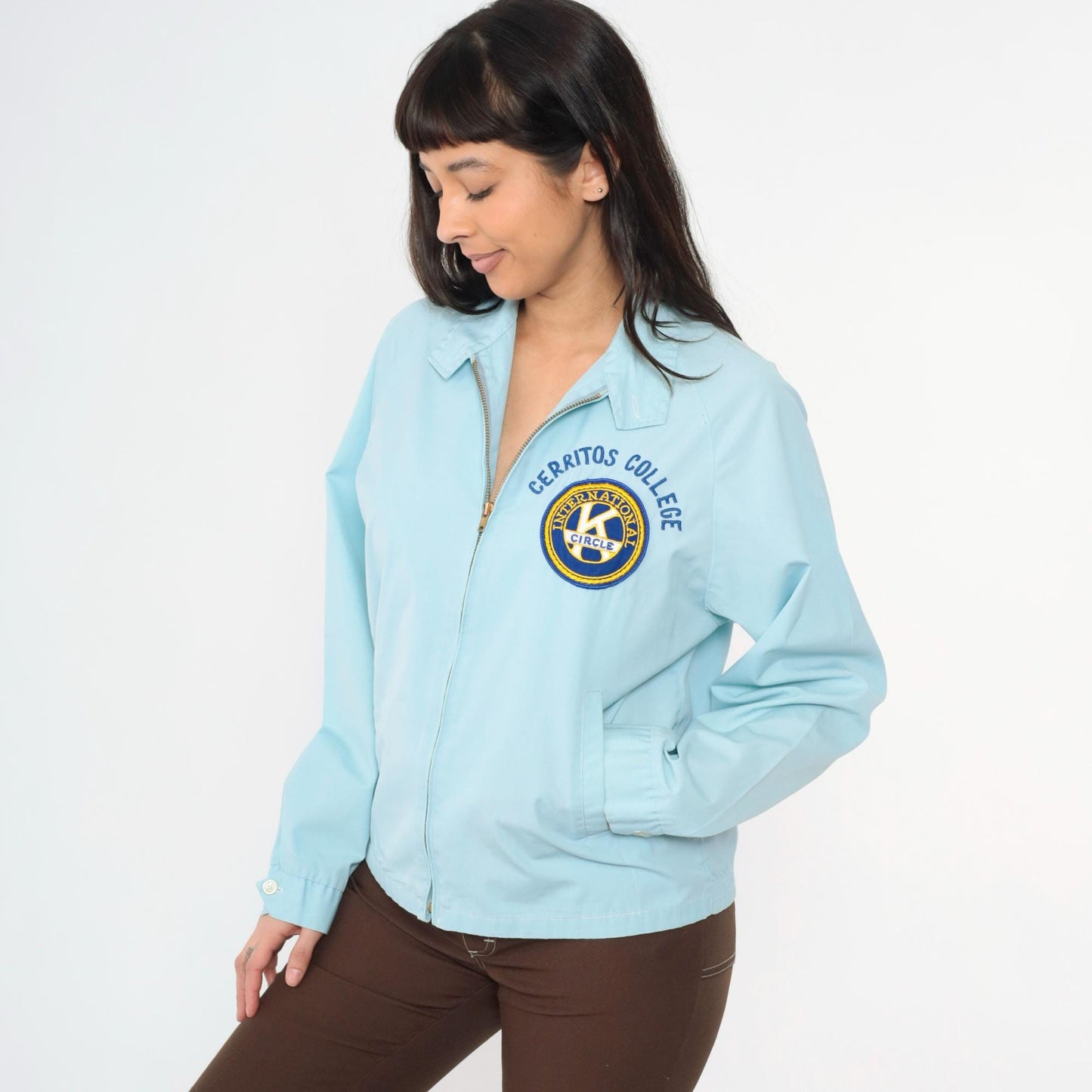 70s Cerritos College Circle K Windbreaker Jacket Baby Blue Raglan Medium