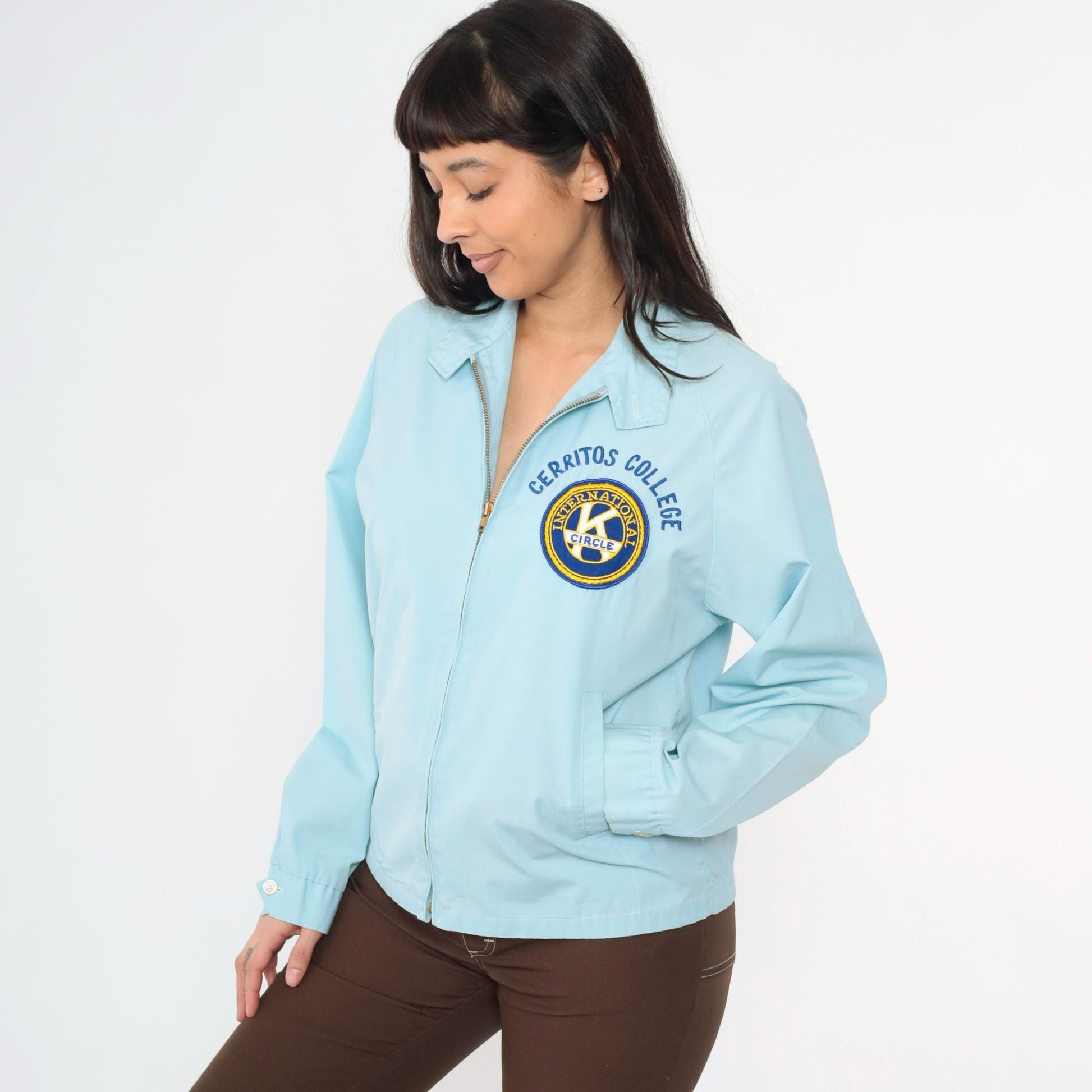 70s Cerritos College Circle K Windbreaker Jacket Baby Blue Raglan Medium
