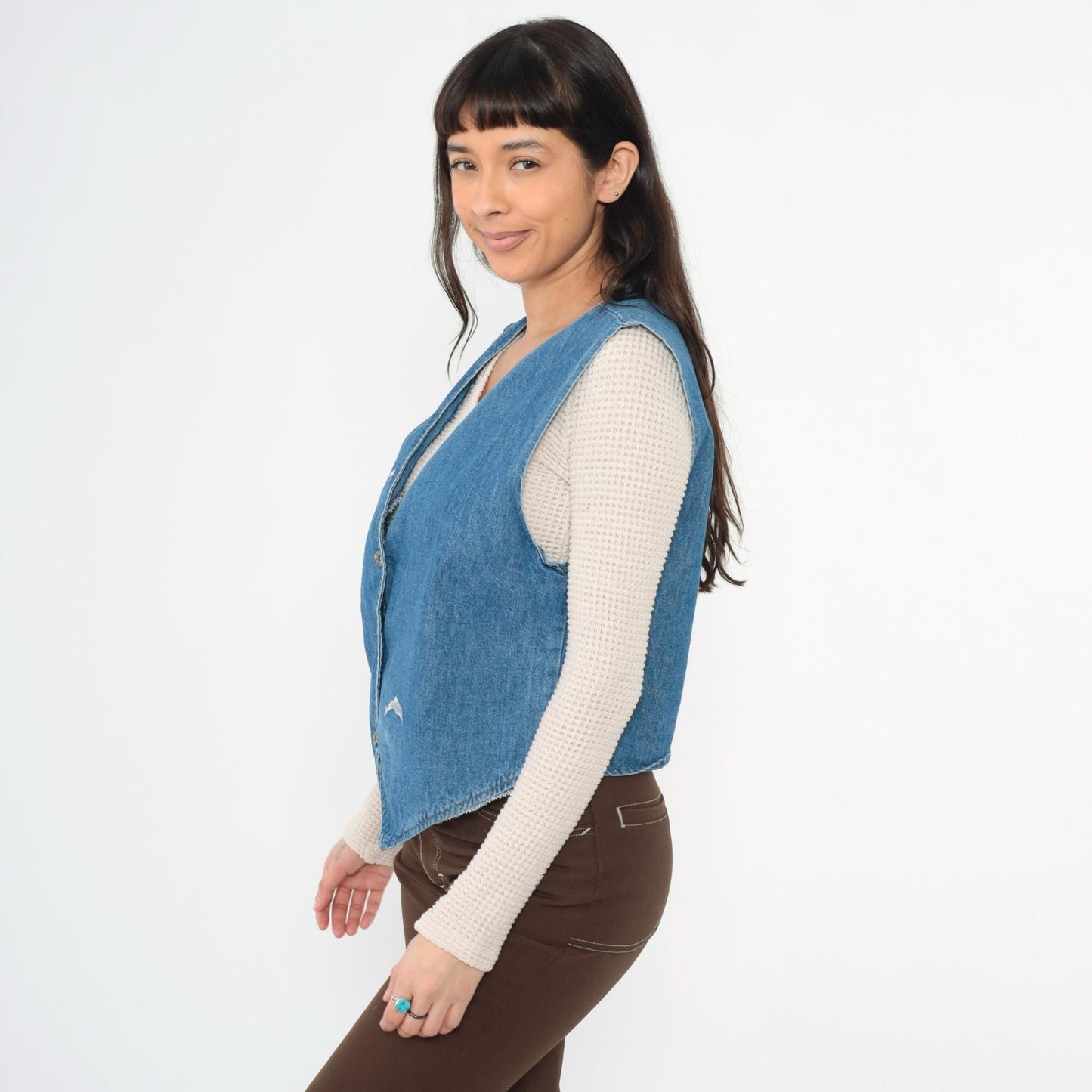 90s Sunbelt Sportswear Embroidered Dolphin Denim Vest Blue Button-Up Medium Large