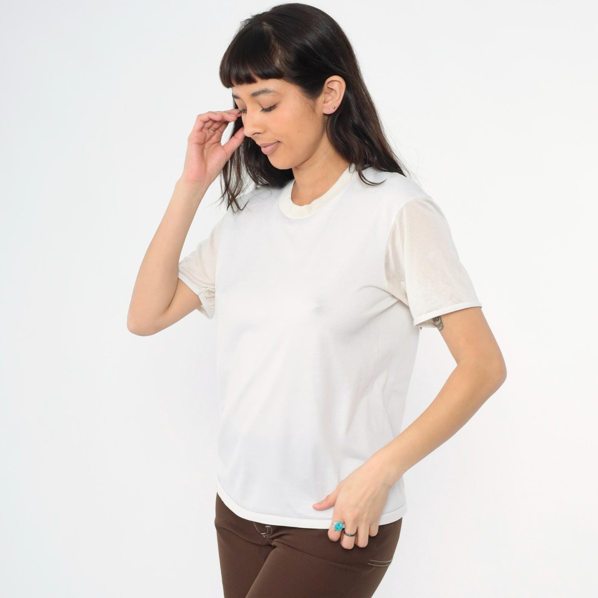 80s Quiana Nylon Blend Plain White Crew Neck T-Shirt Size 40