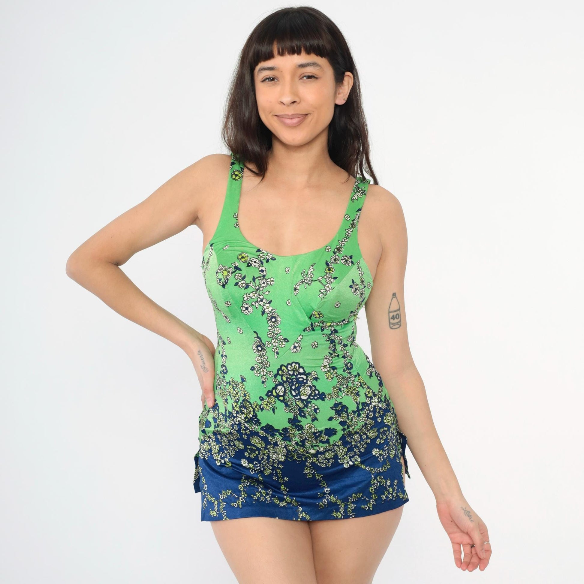 70s Psychedelic Floral One-Piece Swimsuit Blue Green Skirted Scoop Back Small Medium