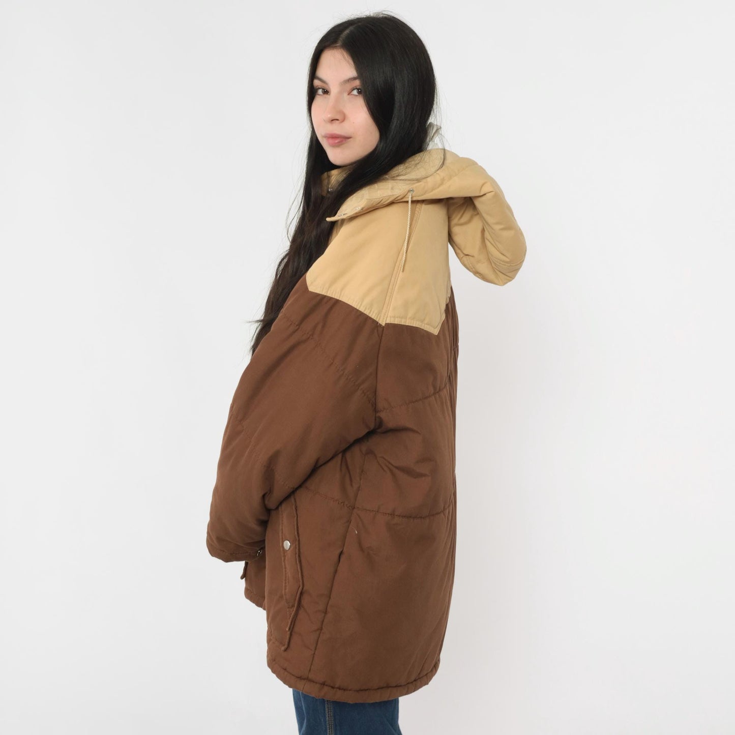 80s Western Puffer Jacket Two Tone Brown Tan Hooded Ski Coat Men's Large L