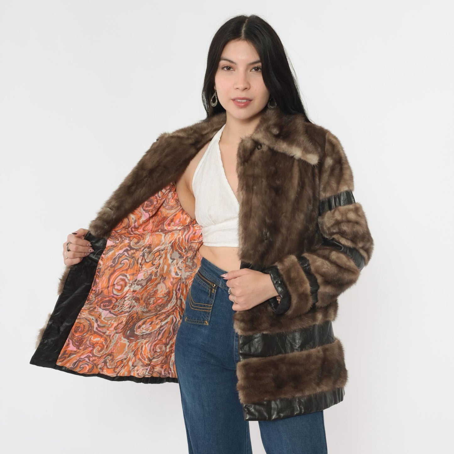 1970s Brown Leather Fur Patchwork Striped Mid-Length Jacket Small S