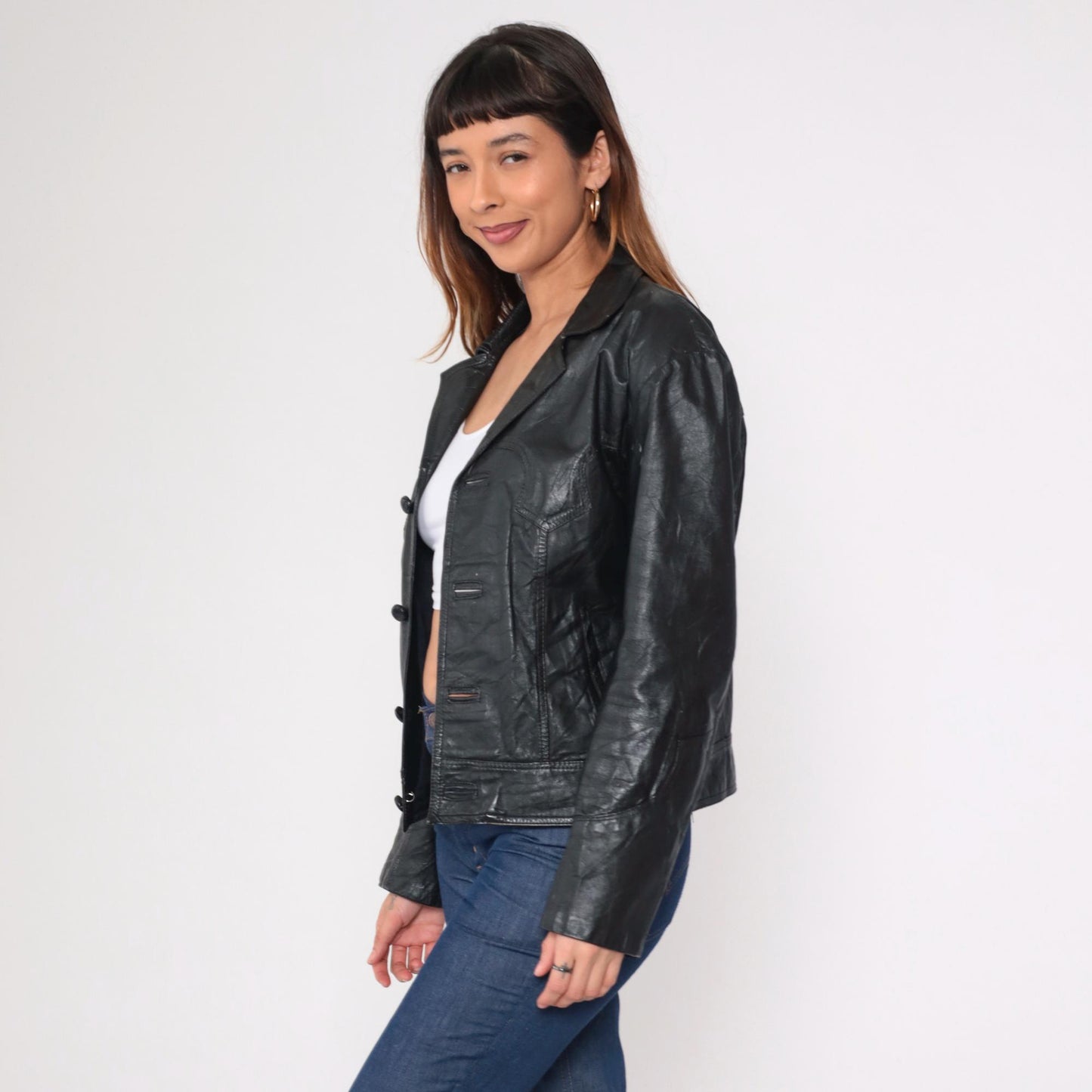 80s Black Leather Motorcycle Jacket Western Yoke Button Front Medium