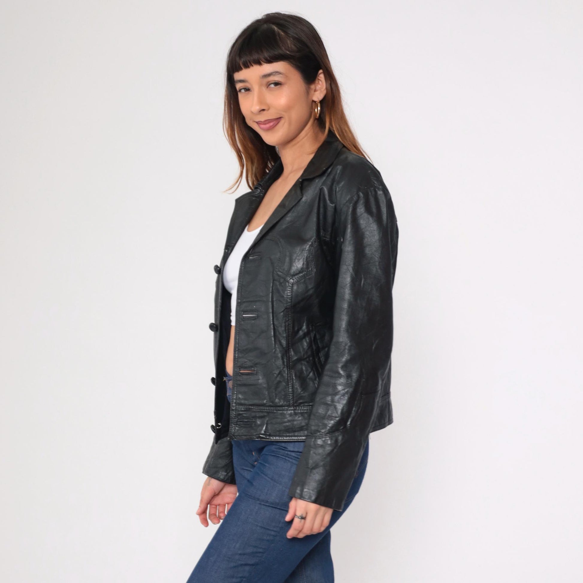 80s Black Leather Motorcycle Jacket Western Yoke Button Front Medium