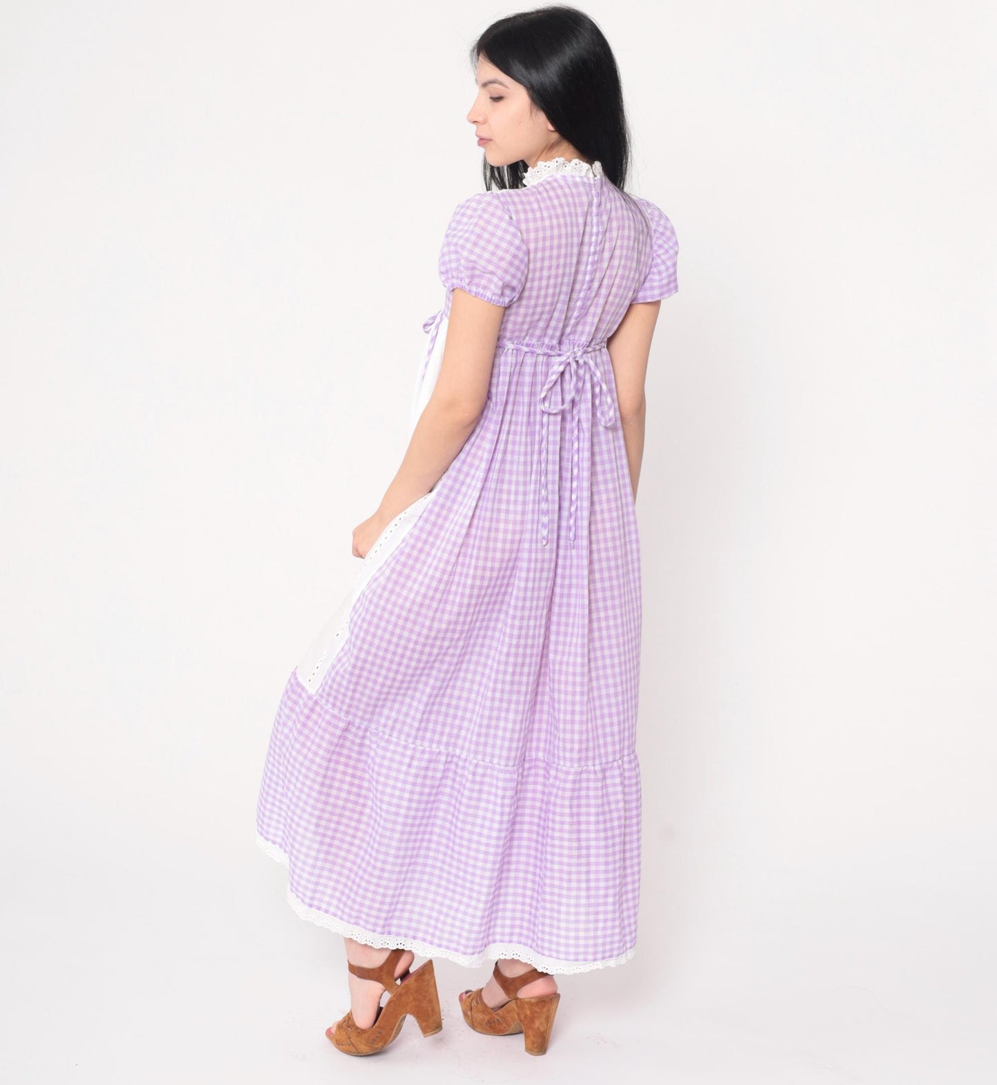 70s Youngland Gingham Maxi Dress Lavender Eyelet Empire Waist Puff Sleeve Extra Small