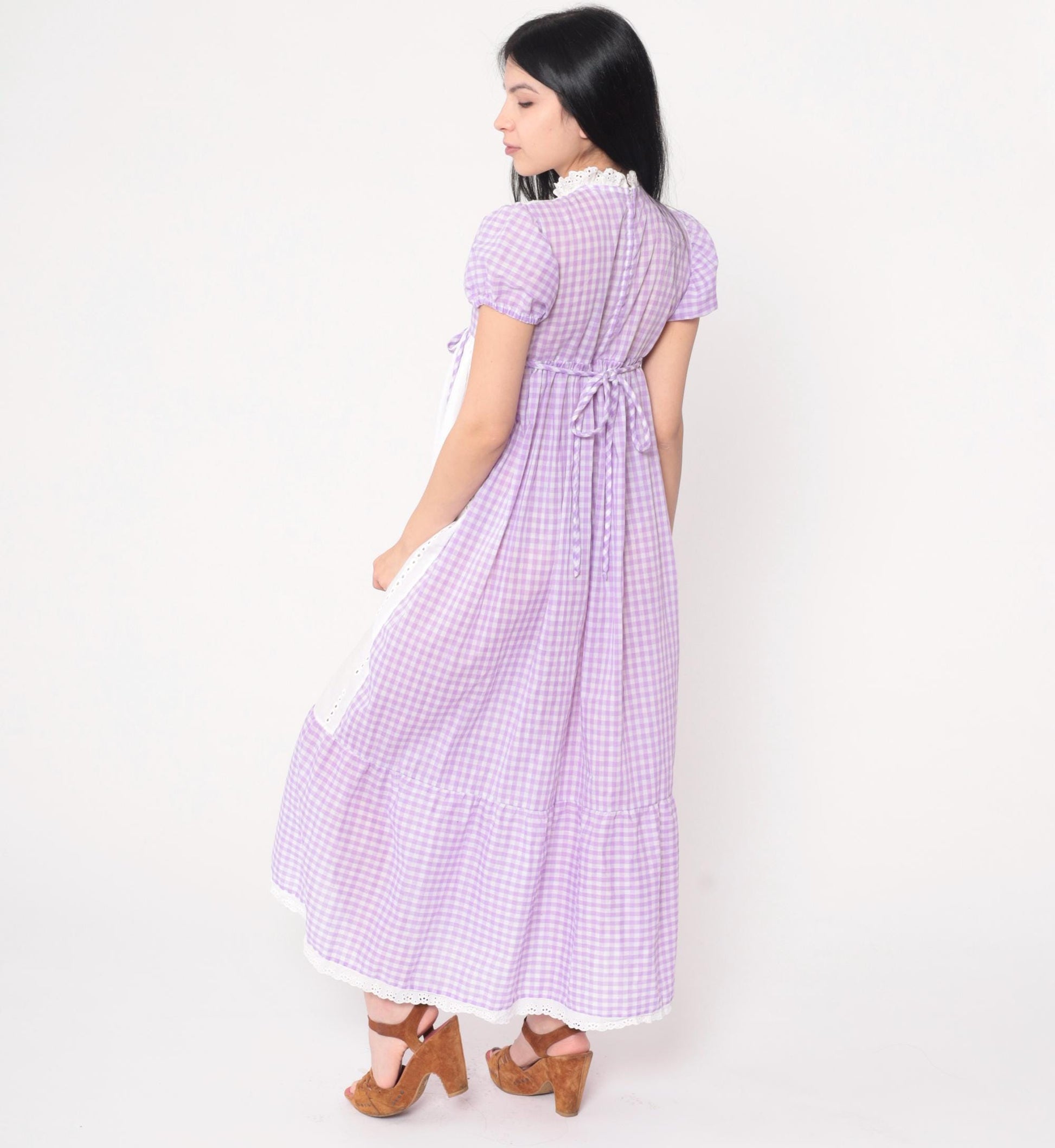 70s Youngland Gingham Maxi Dress Lavender Eyelet Empire Waist Puff Sleeve Extra Small