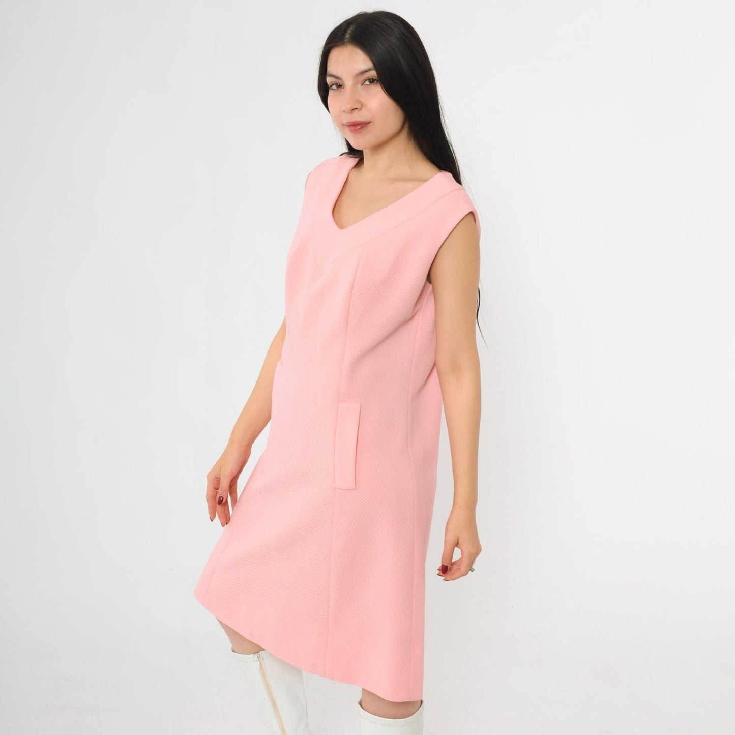 60s Mod Shift Dress Pink Ribbed Knit Sleeveless Mini Medium M