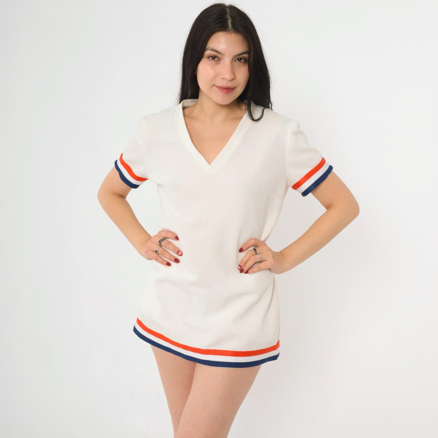 60s Mod Striped Shift Dress White Blue Orange V-Neck Short Sleeve Medium M