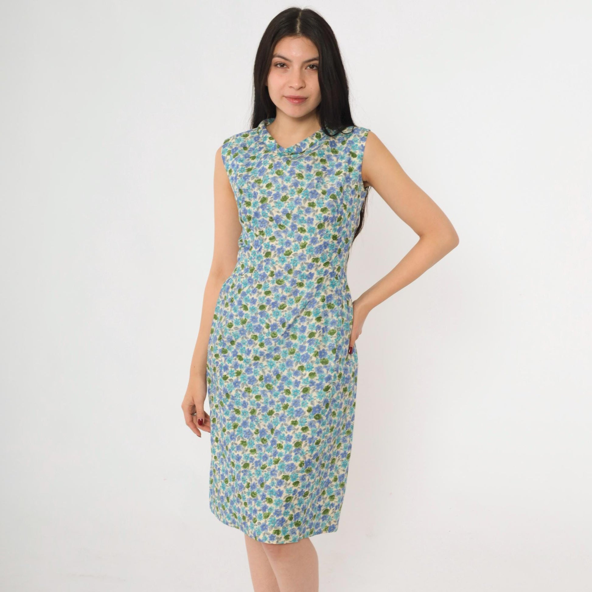 1960s Blue Green Floral Silk Sheath Dress Sleeveless Knee Length Extra Small