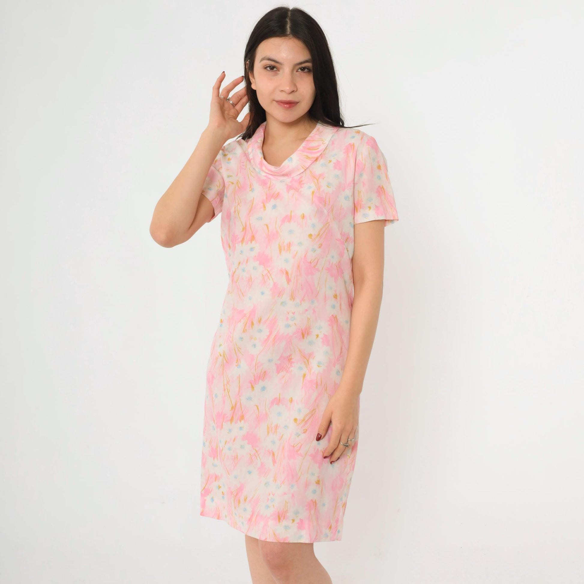 60s Pink Abstract Floral Shift Dress Cowl Neck Short Sleeve Small