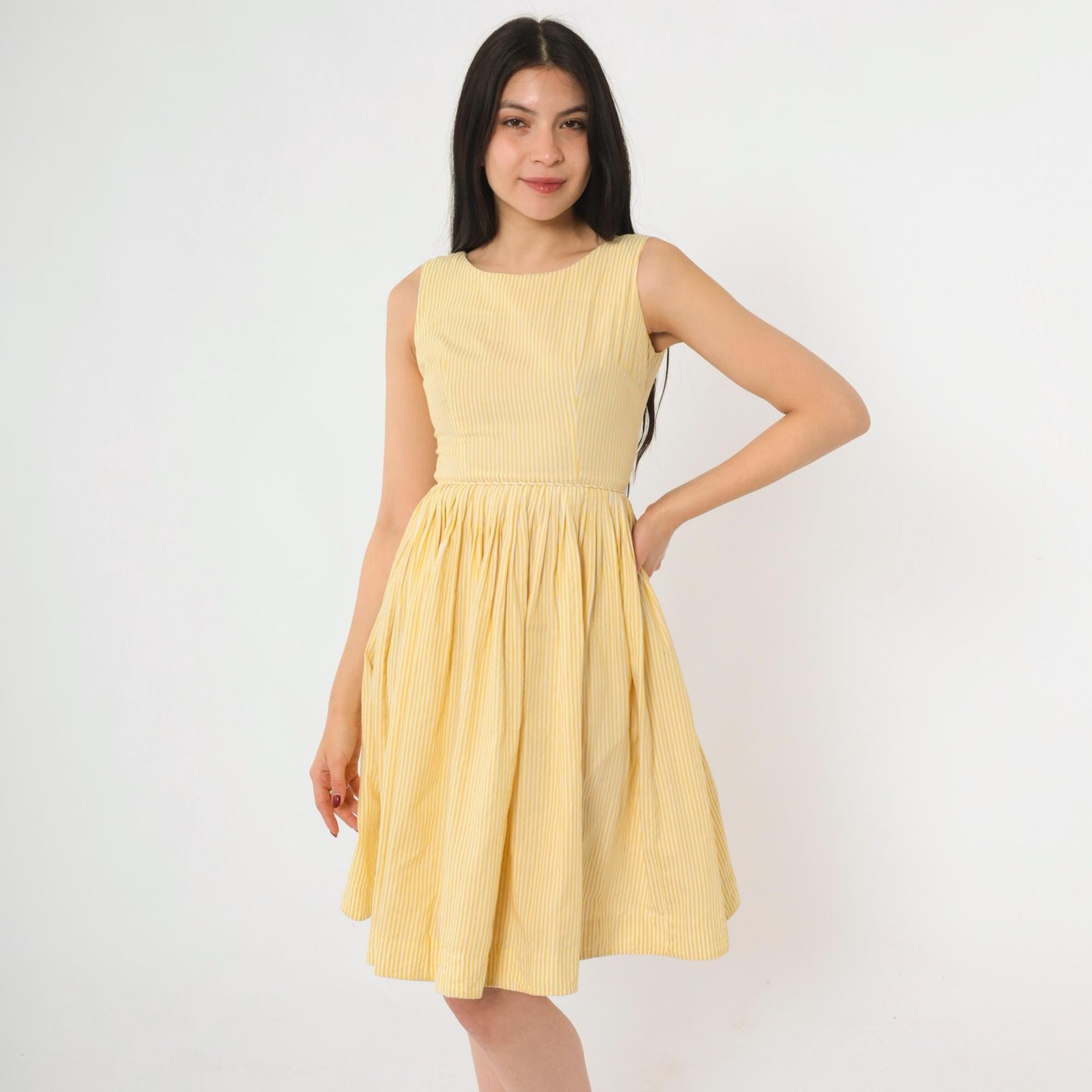 60s Yellow Striped Fit and Flare Mini Dress High Waist Pleated Sleeveless XXS
