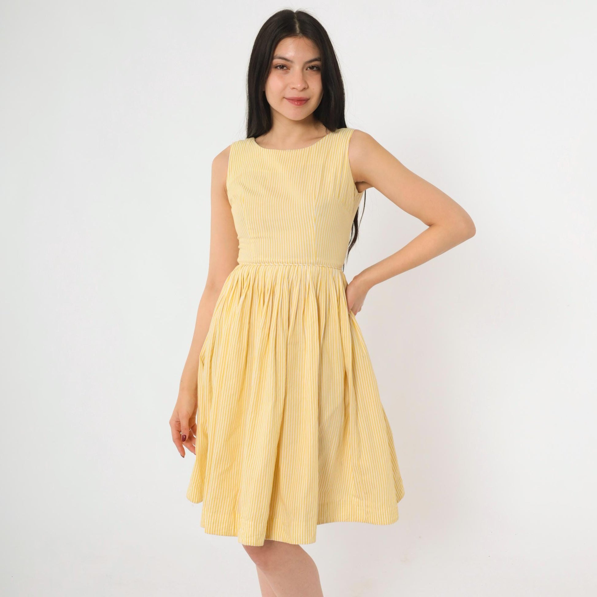 60s Yellow Striped Fit and Flare Mini Dress High Waist Pleated Sleeveless XXS